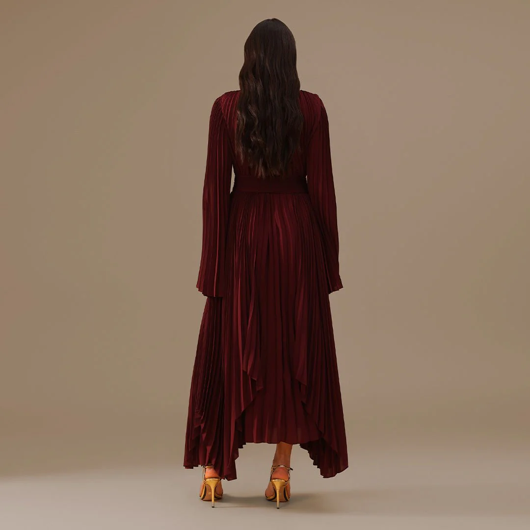 Burgundy All Pleats Long Sleeve Chiffon Dress - Image 3
