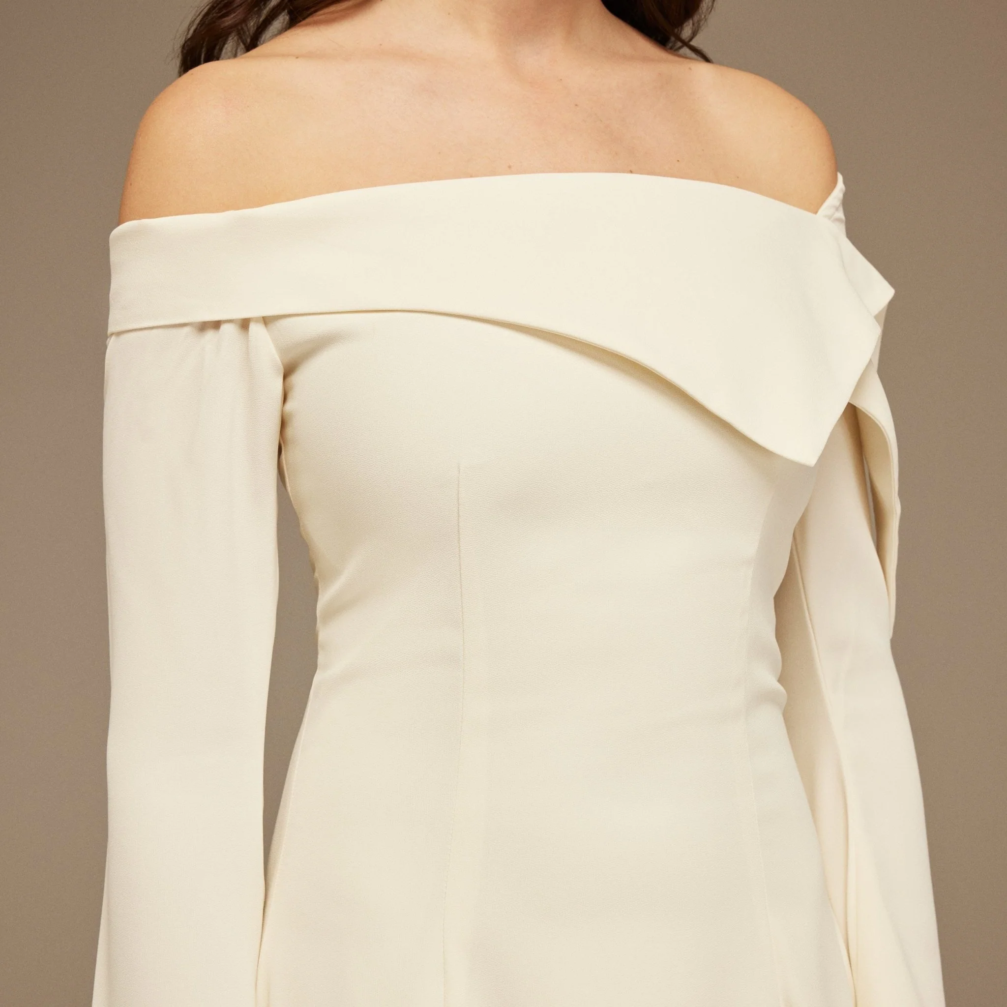 Crepe Ivory Asymmetric folded neckline A-line Midi Dress - Image 3
