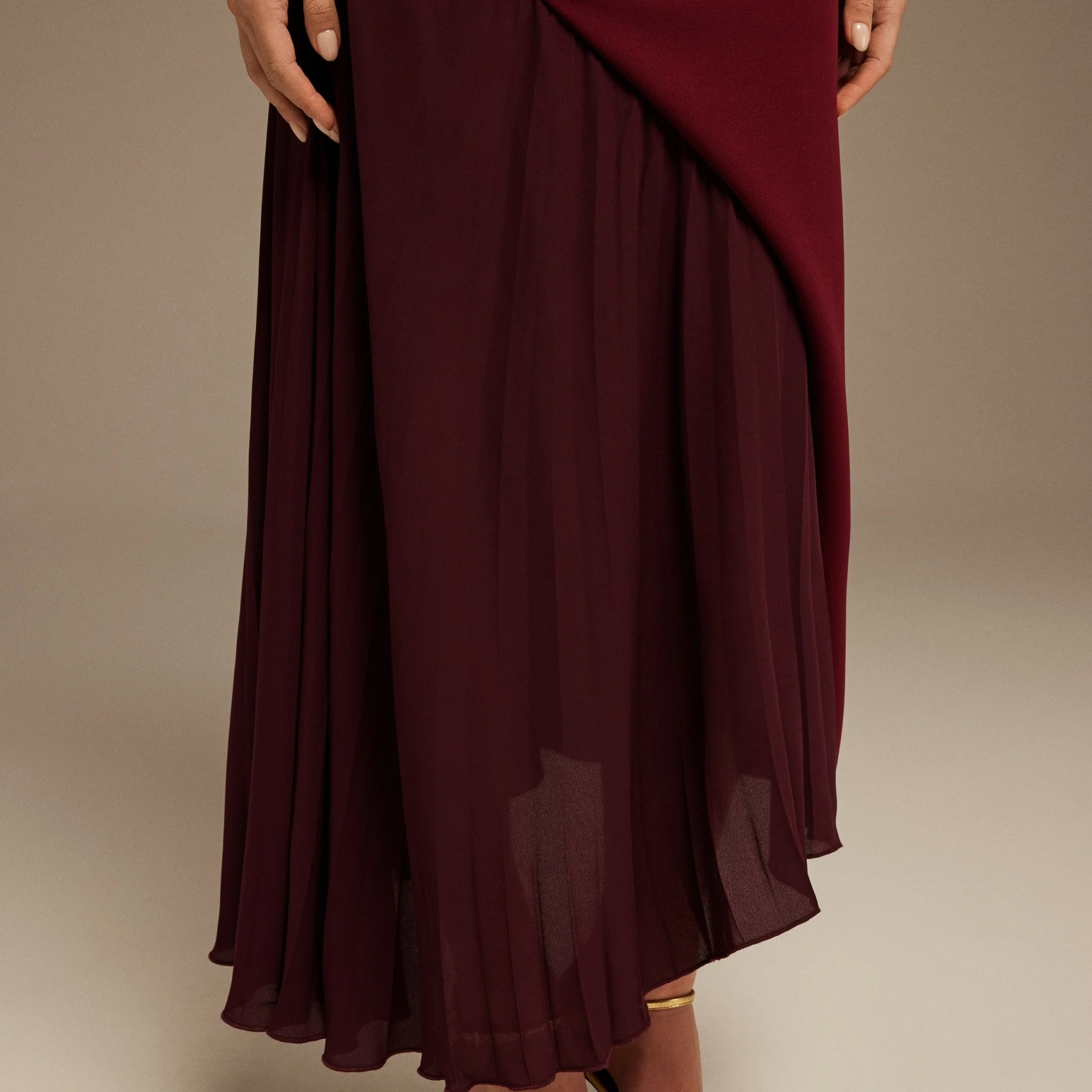 Burgundy Asymmetric Neckline Midi Dress with Pleats - Image 3