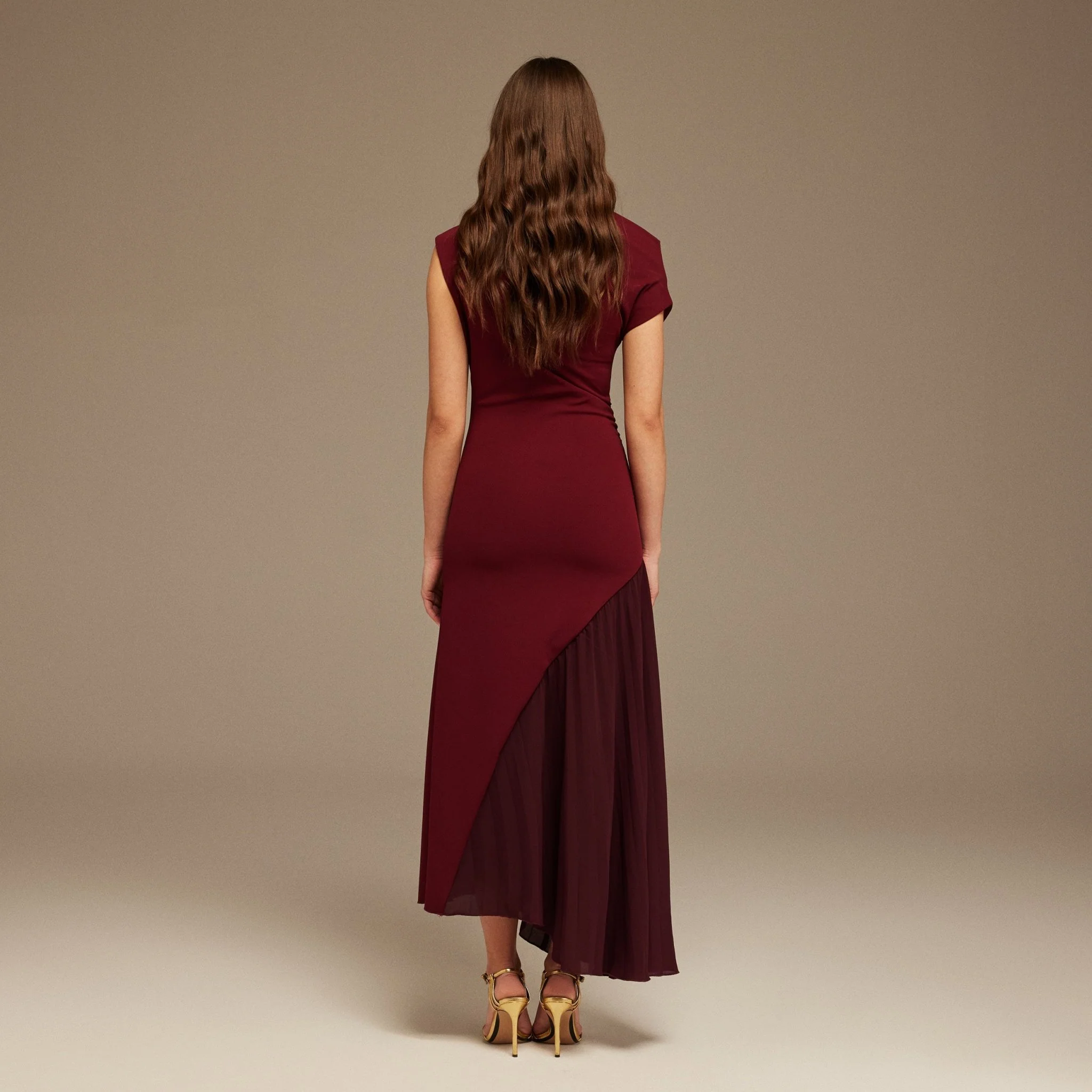 Burgundy Asymmetric Neckline Midi Dress with Pleats - Image 4