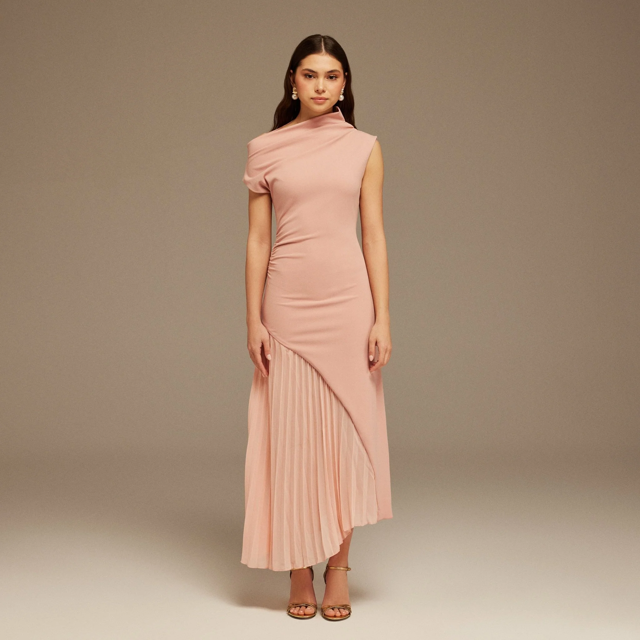 Pink Asymmetric Neckline Midi Dress with Pleats