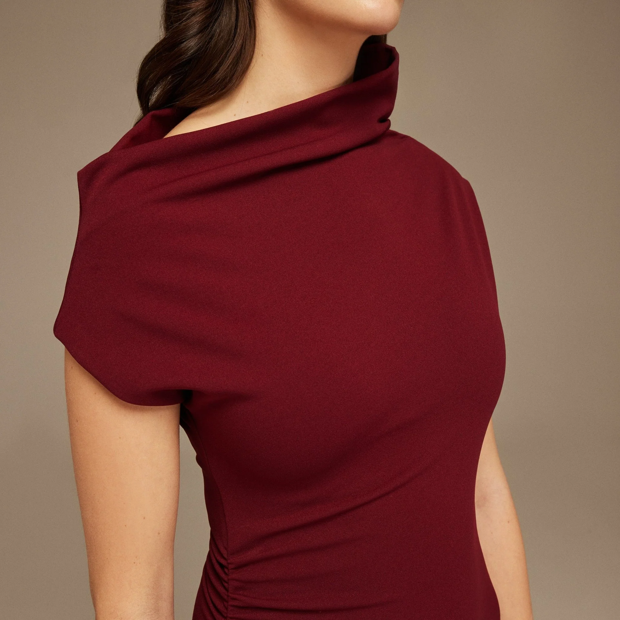 Burgundy & Pink Asymmetric Neckline Midi Dress with Pleats - Image 3