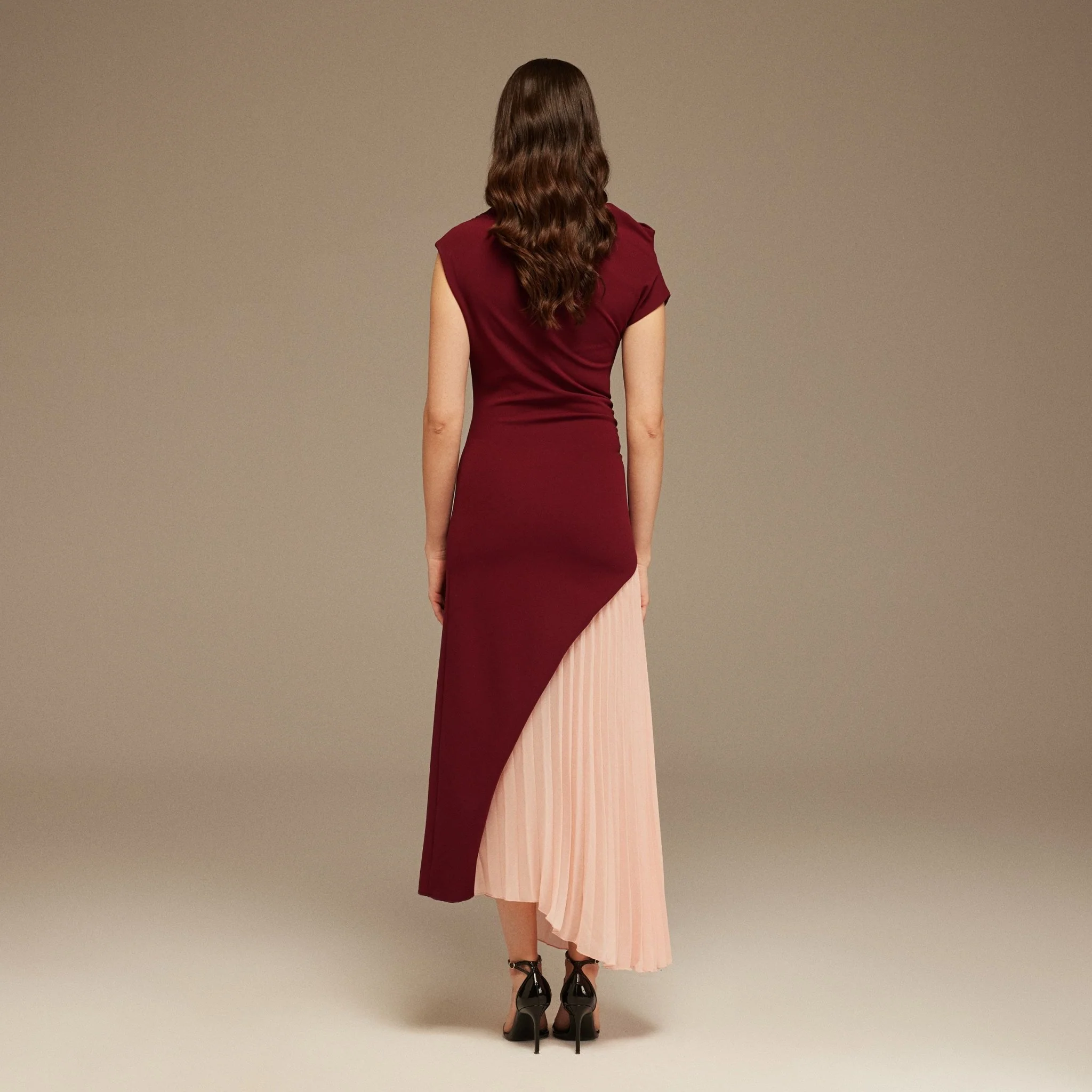 Burgundy & Pink Asymmetric Neckline Midi Dress with Pleats - Image 4