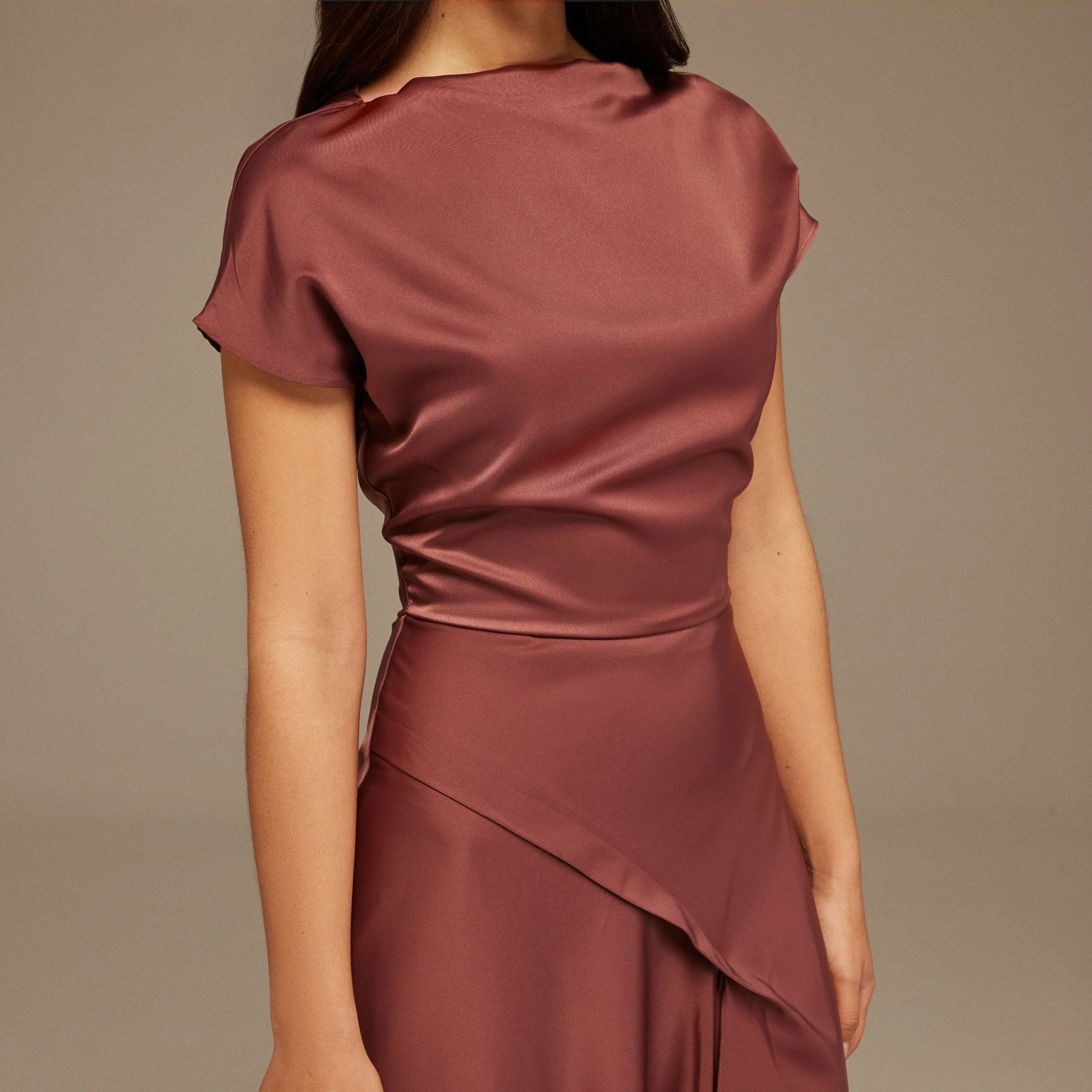 Muted Clay Dropped Sleeve Asymmetric Midi Dress - Image 3