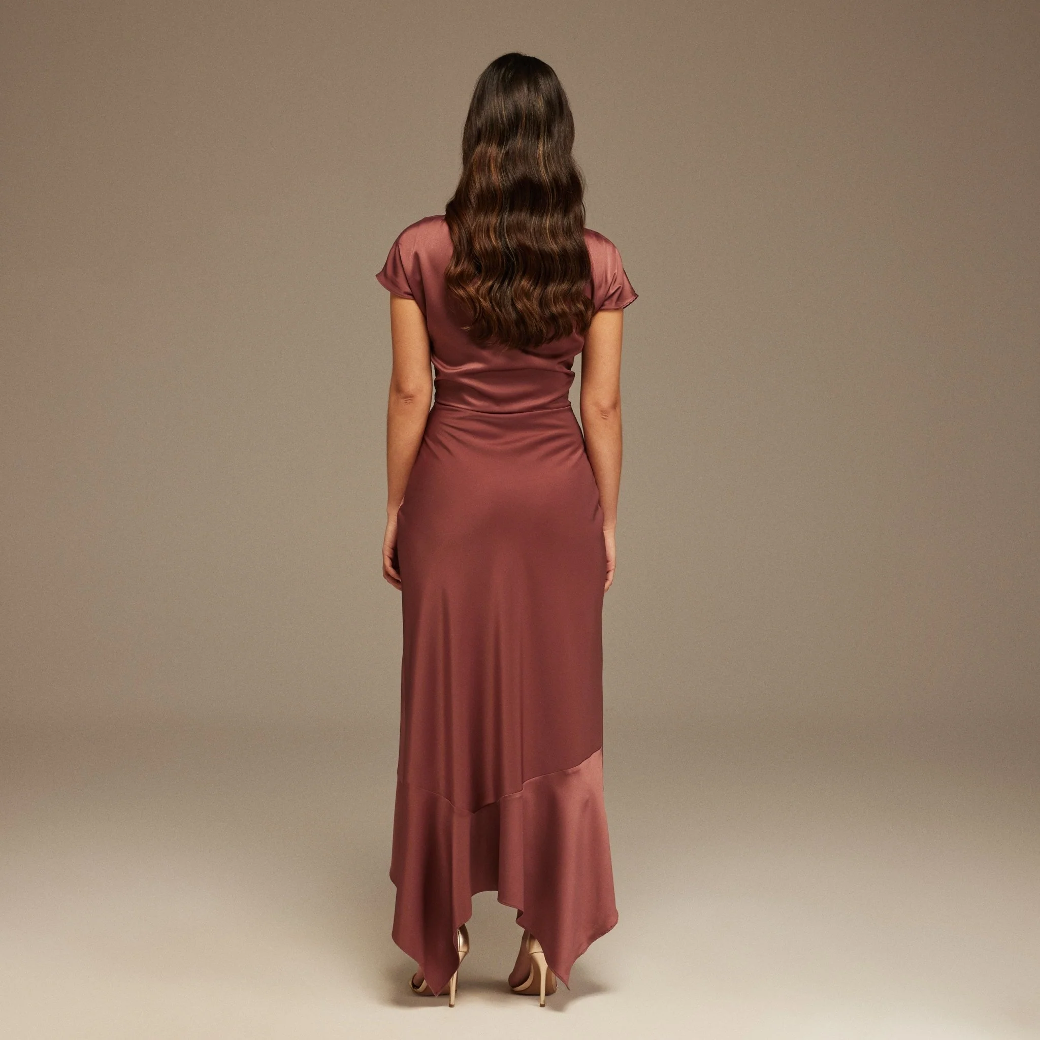 Muted Clay Dropped Sleeve Asymmetric Midi Dress - Image 4