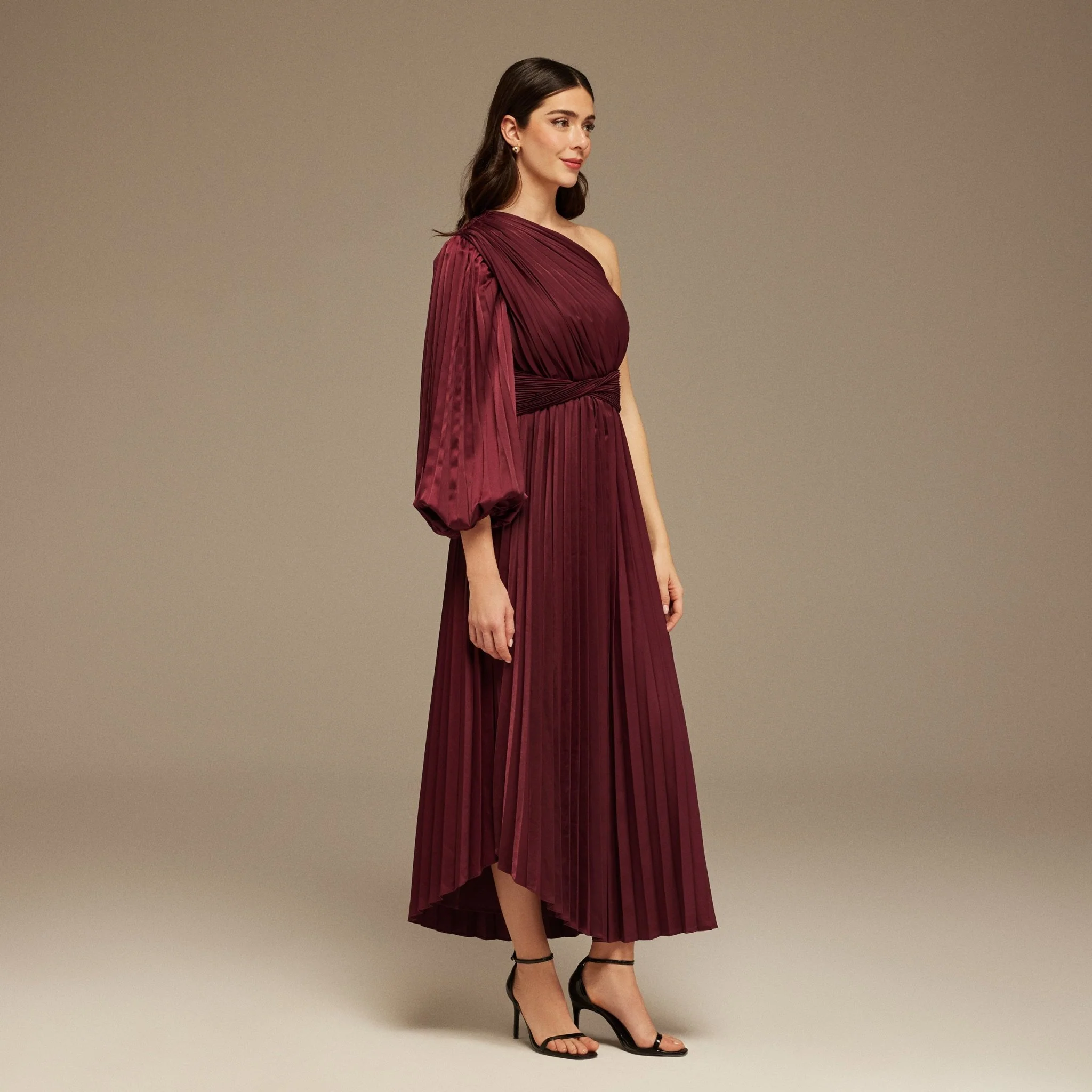 Burgundy Asymmetric One Sleeve Pleated Long Dress - Image 2