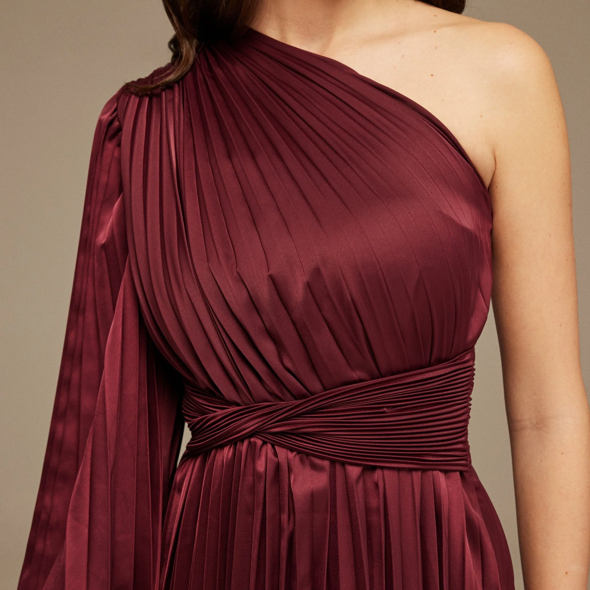 Burgundy Asymmetric One Sleeve Pleated Long Dress - Image 3