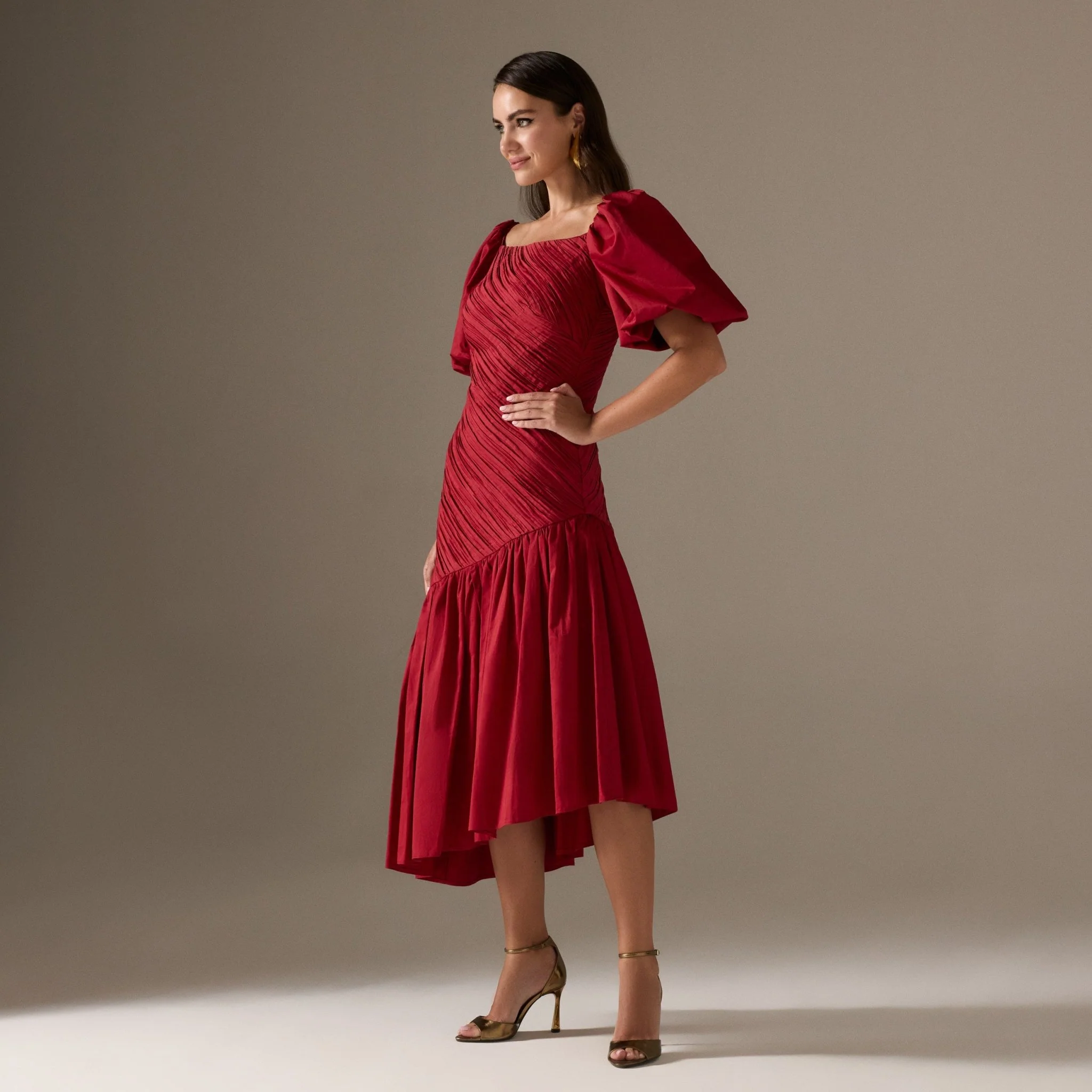 Red Asymmetric ruffled Poplin Midi dress - Image 2