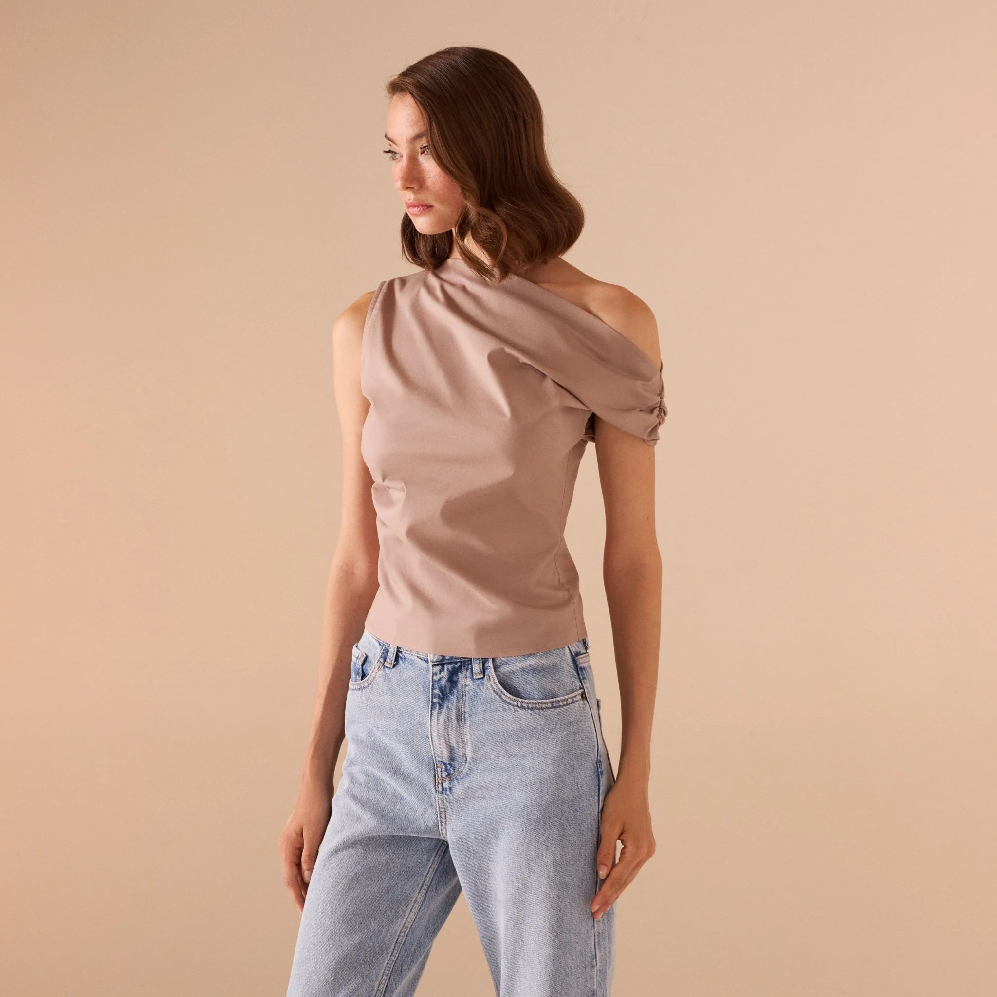Asymmetric Shoulder Poplin Top - Image 5