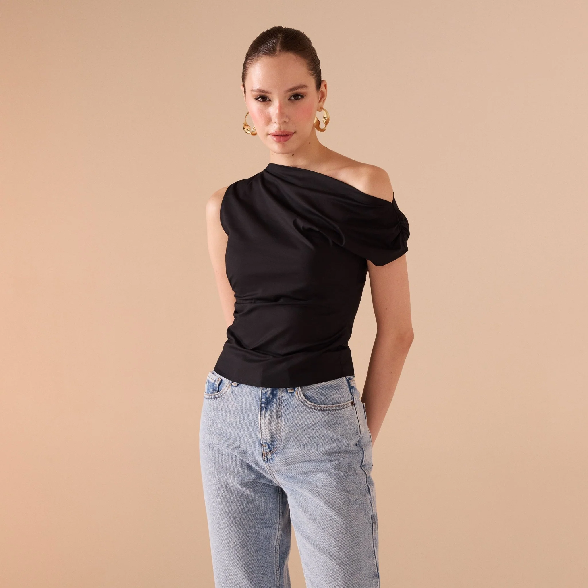 Asymmetric Shoulder Poplin Top - Image 8