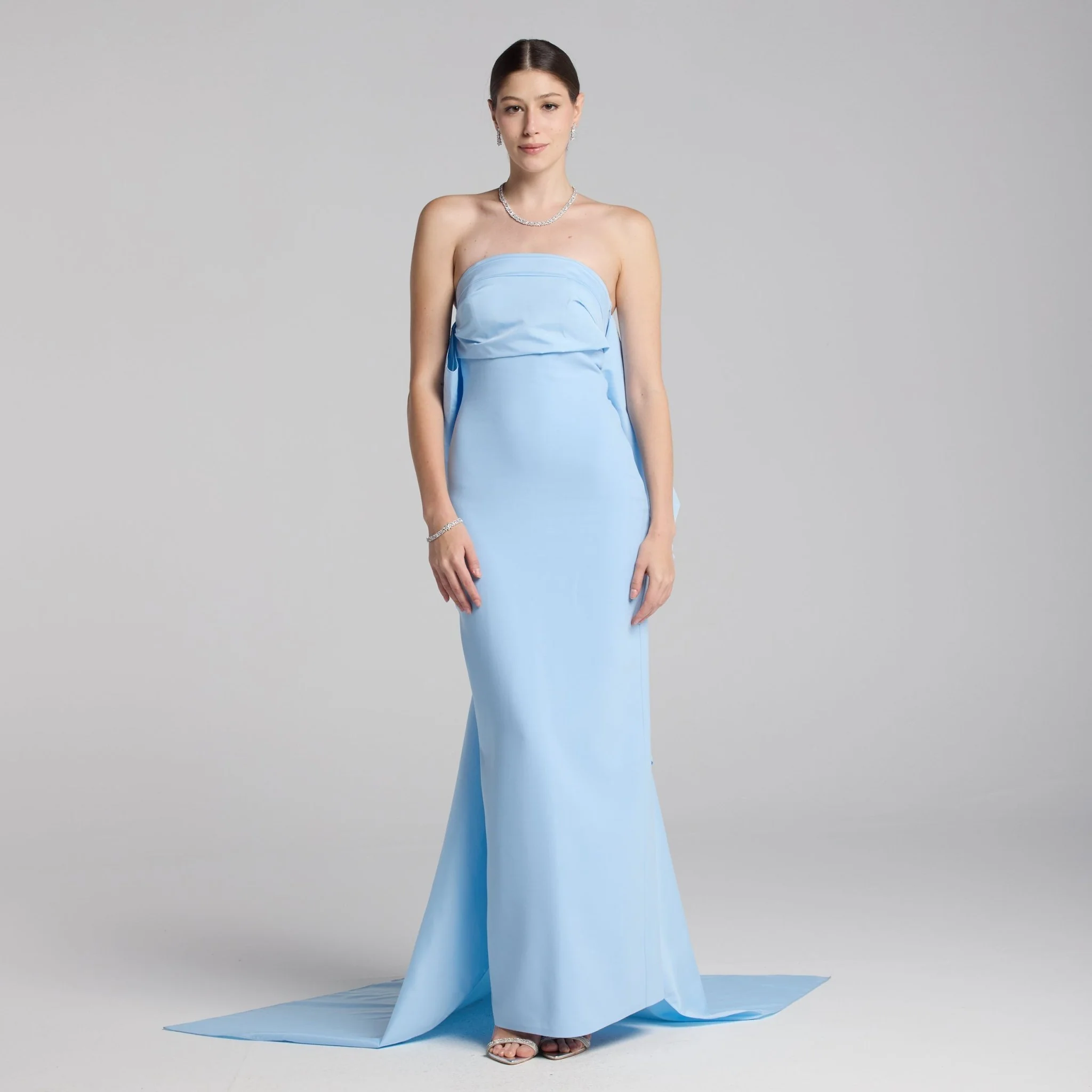 Baby Blue Crepe and Taffeta Strapless Bow Gown - Image 2