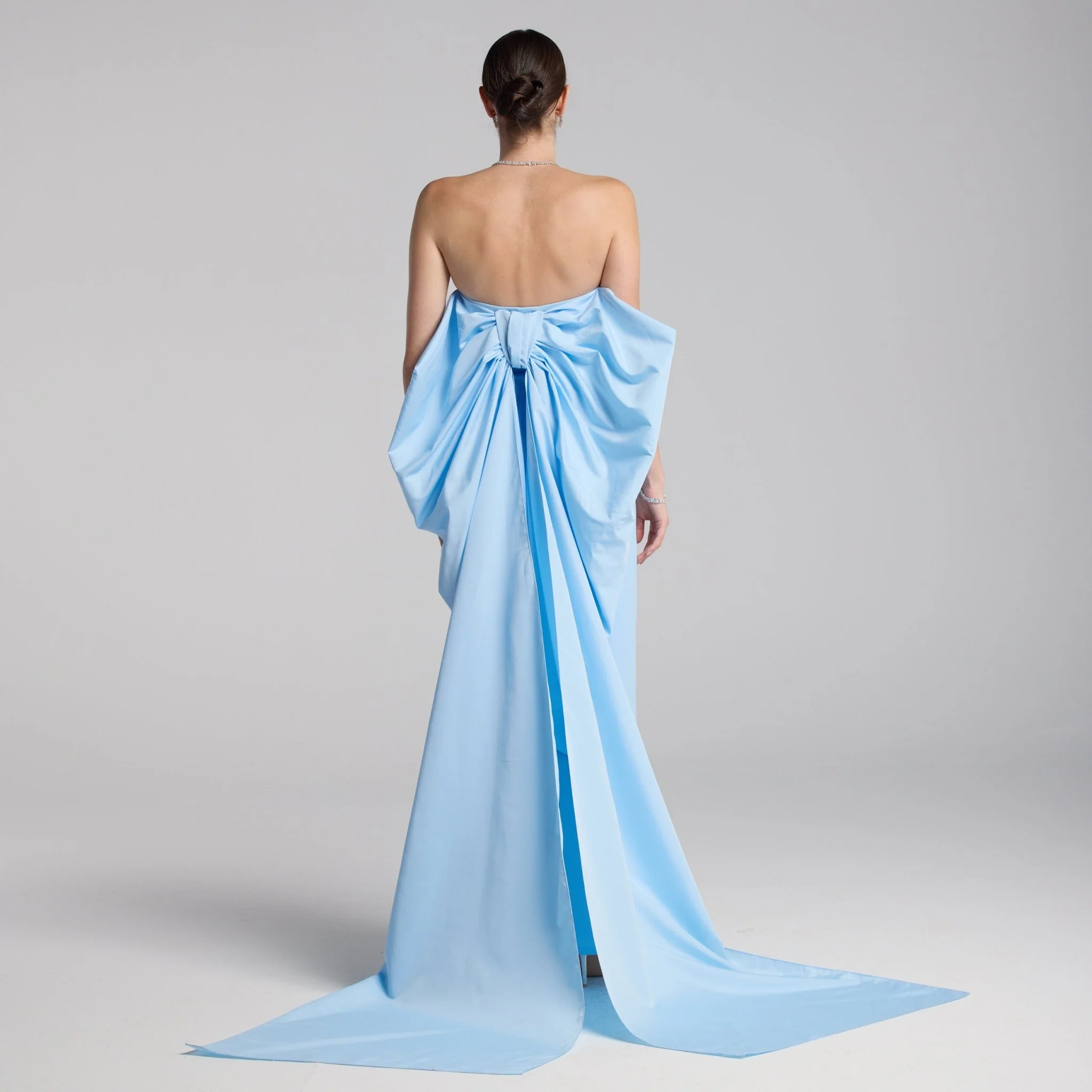 Baby Blue Crepe and Taffeta Strapless Bow Gown - Image 6