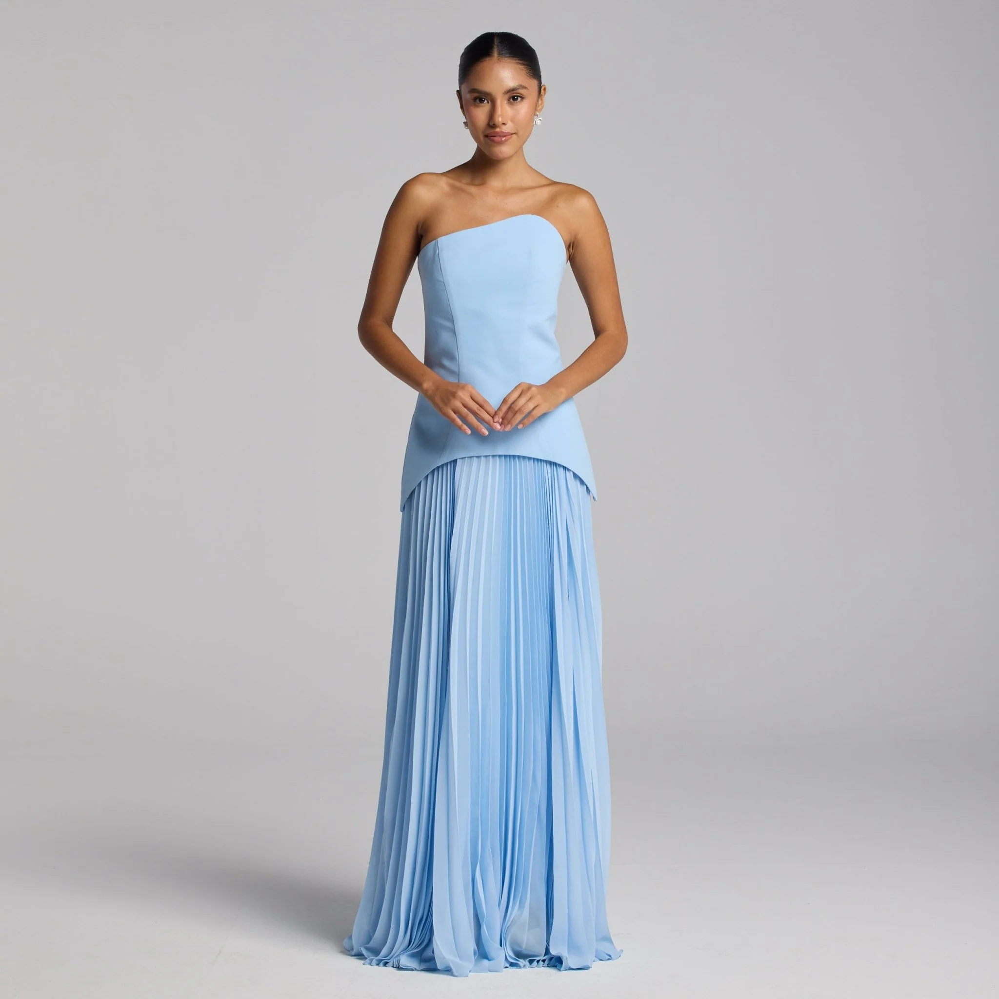 Baby Blue Crepe & Chiffon Dress with Pleated Skirt