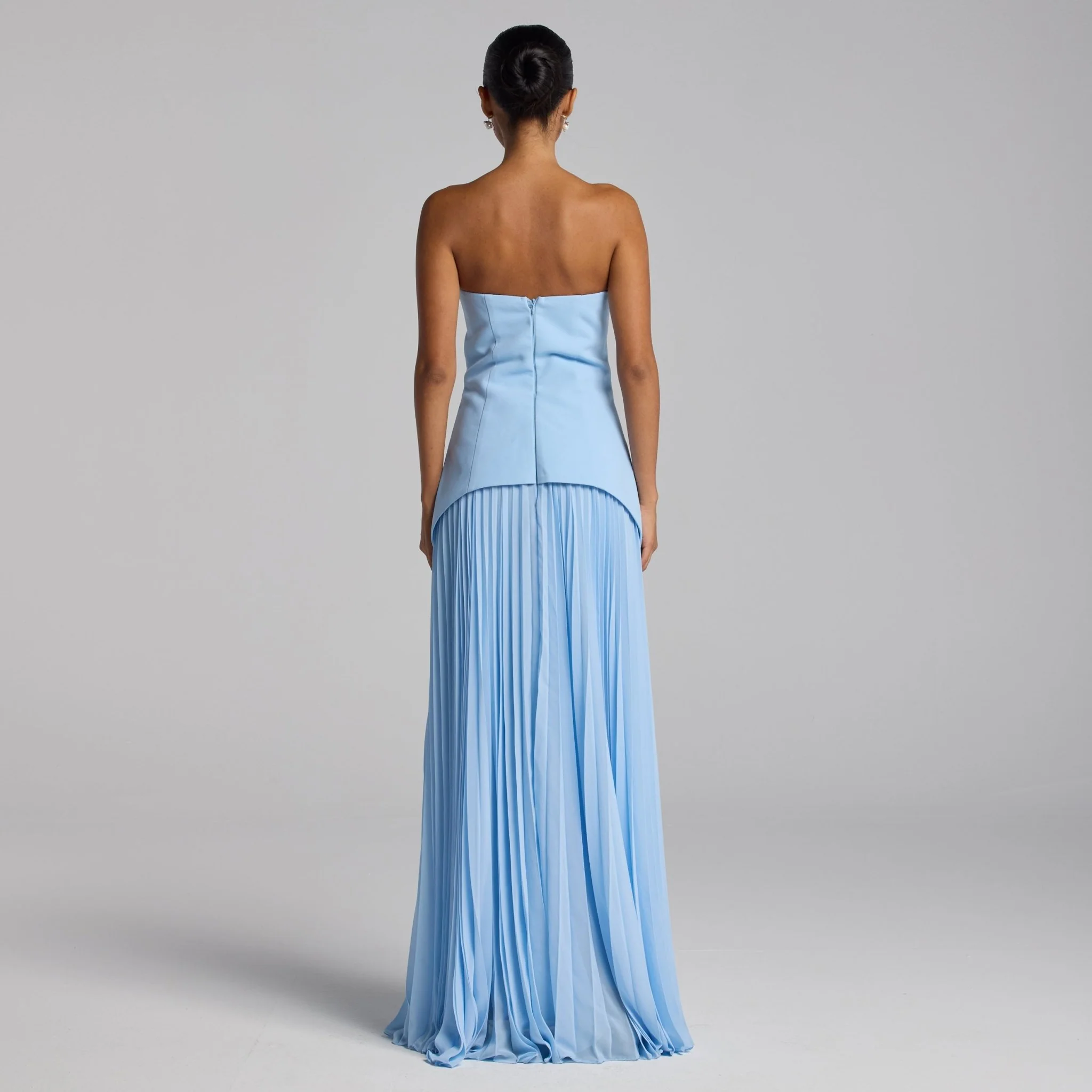 Baby Blue Crepe & Chiffon Dress with Pleated Skirt - Image 4