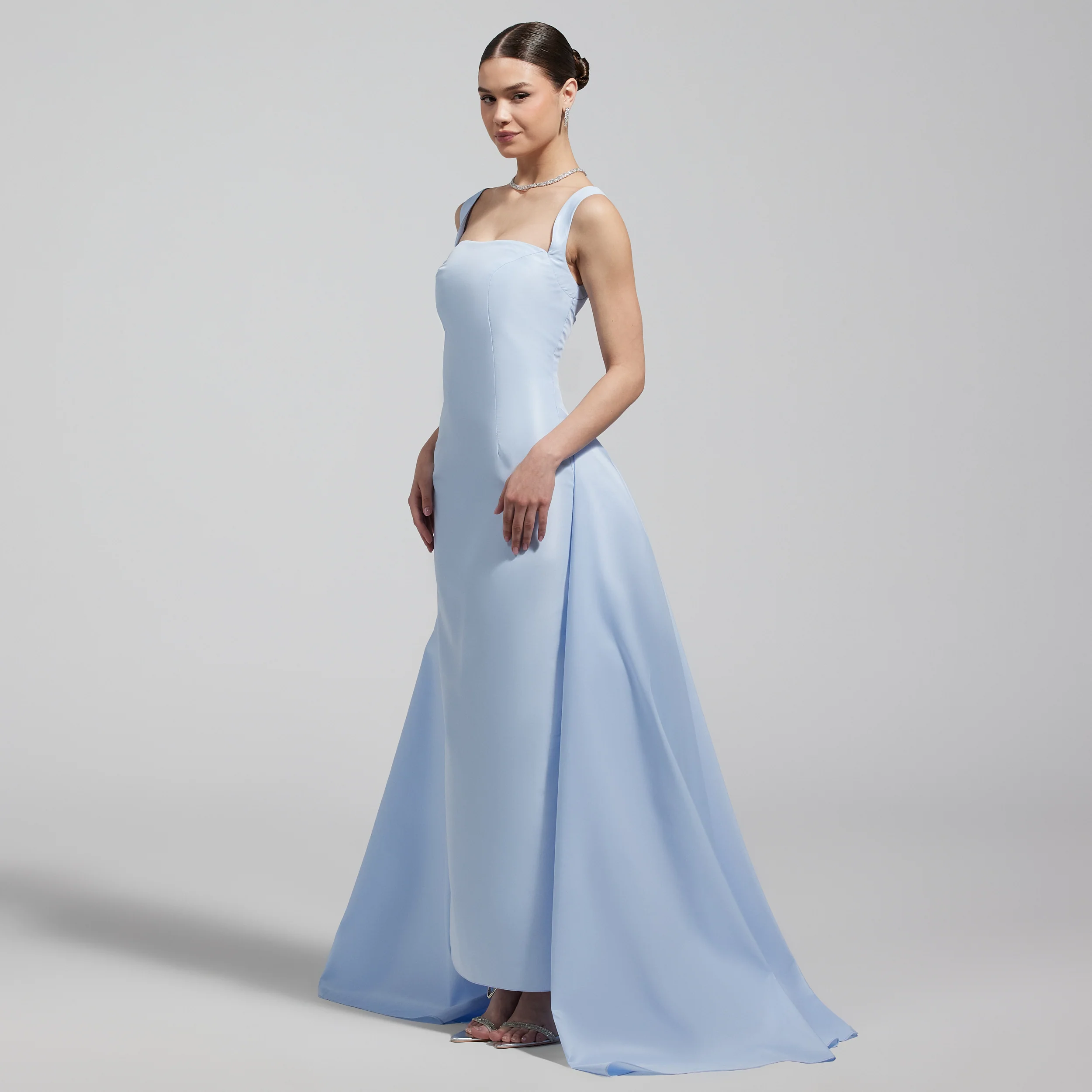 Baby Blue Taffeta Straight Gown with Back Overlay - Image 2