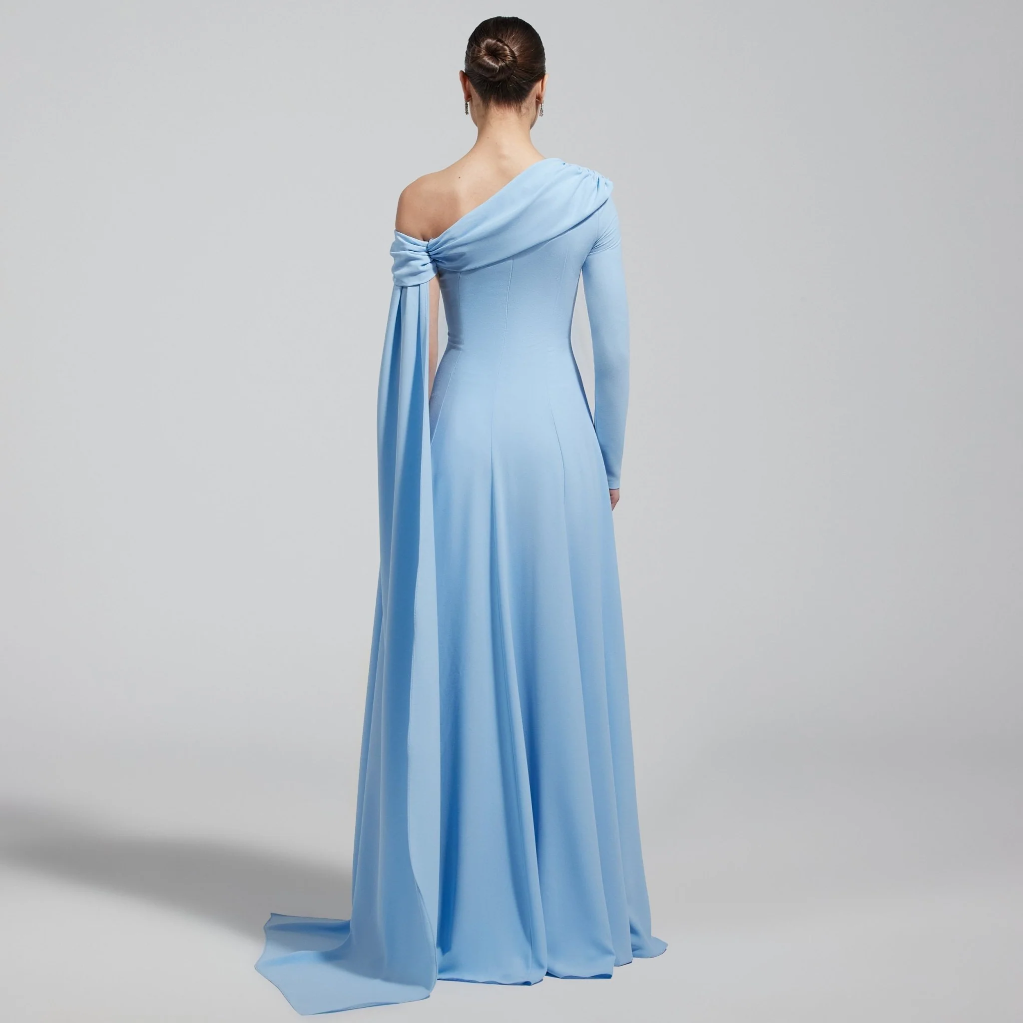 Baby Blue One Shoulder Crepe Maxi Dress with Drape Sleeve - Image 6