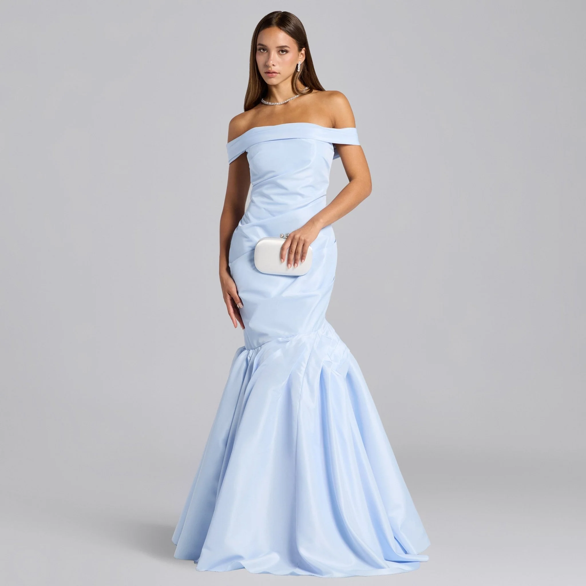 Baby Blue Taffeta Off Shoulder Dress with Ruffled Hem