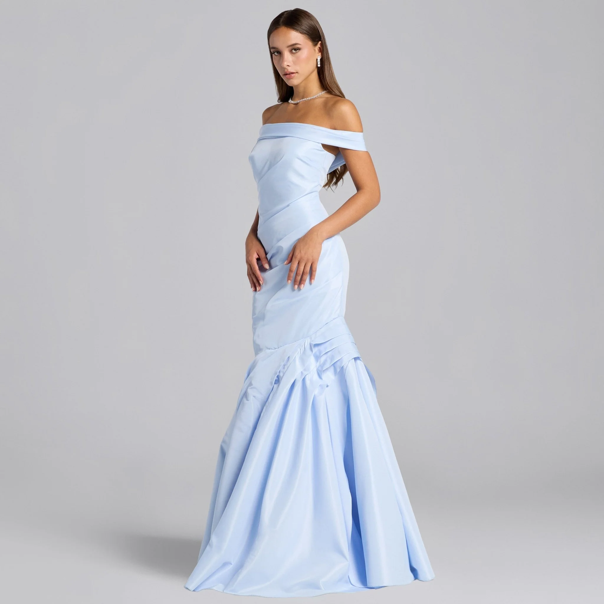 Baby Blue Taffeta Off Shoulder Dress with Ruffled Hem - Image 2