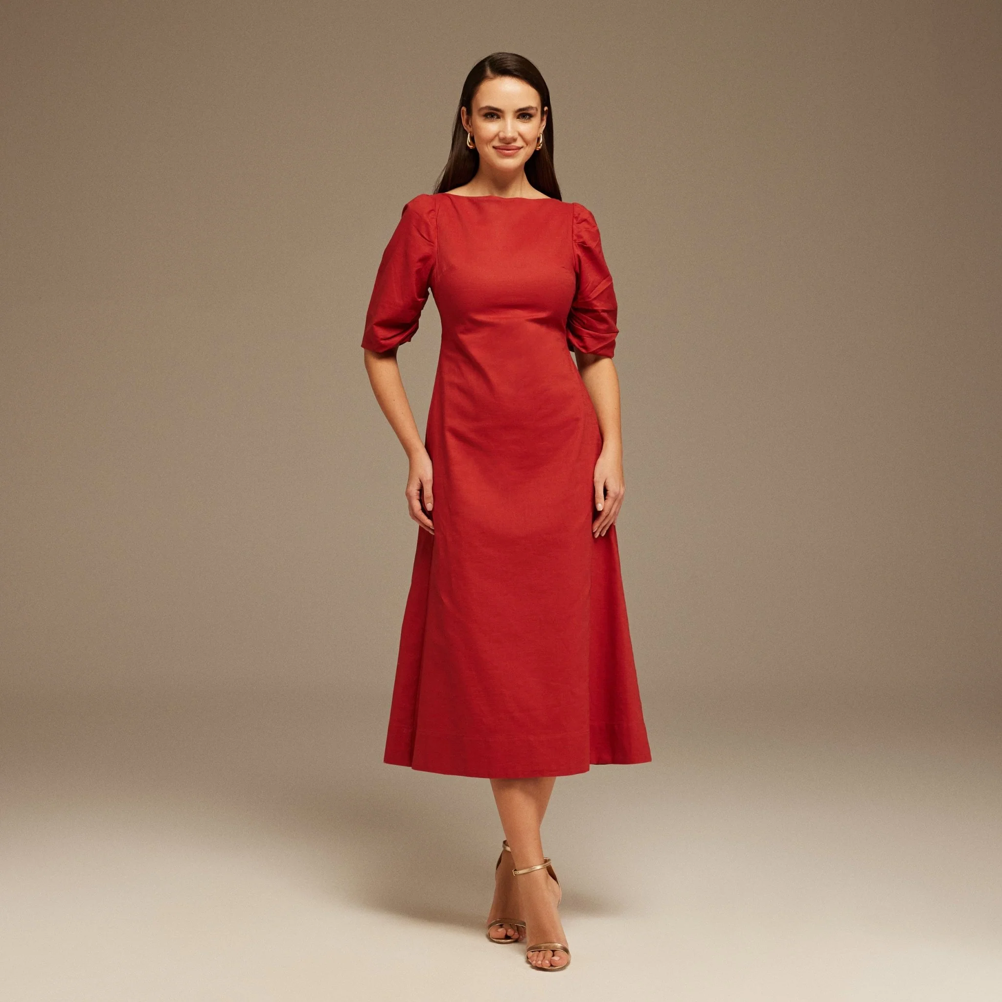 Balloon Sleeve Linen Cotton Midi Dress