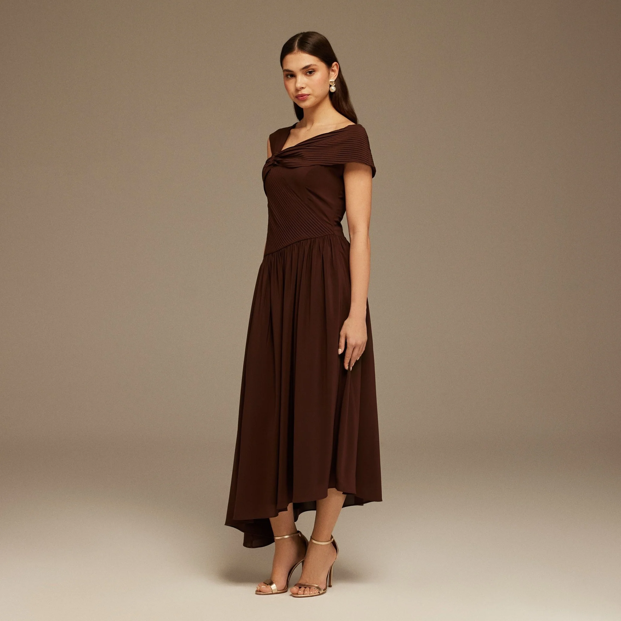 Brown Bare shoulder A-line midi dress - Image 3