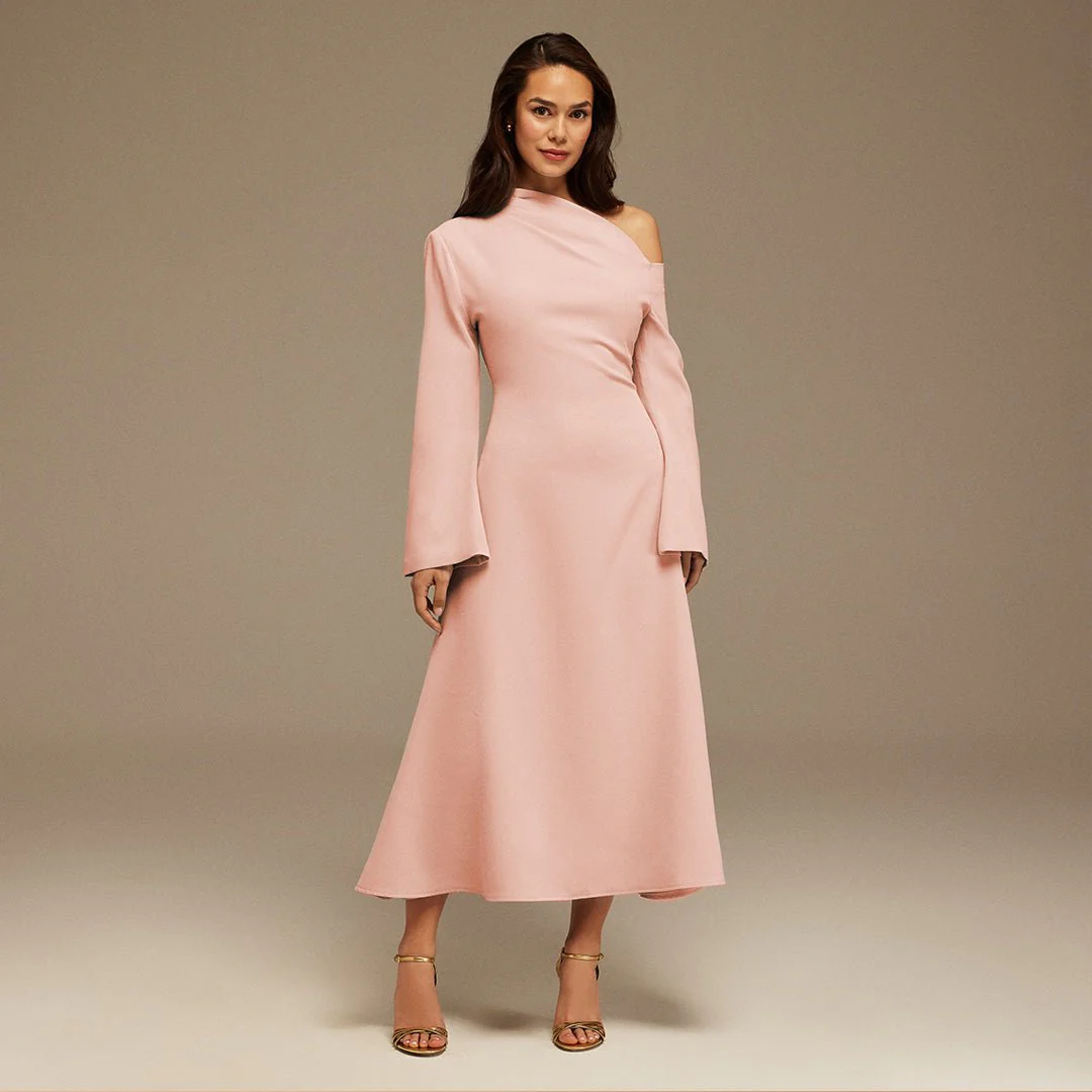 Pink Bare shoulder Crepe Midi dress