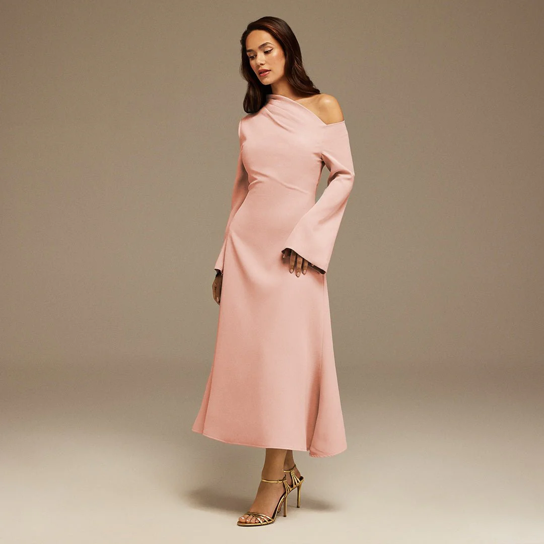 Pink Bare shoulder Crepe Midi dress - Image 2