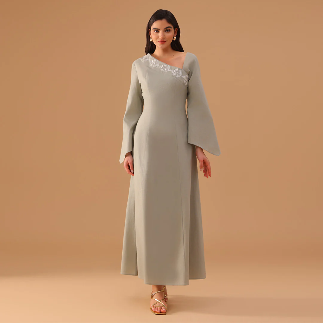 Grey Lenin Bare Shoulder Embroidered Dress