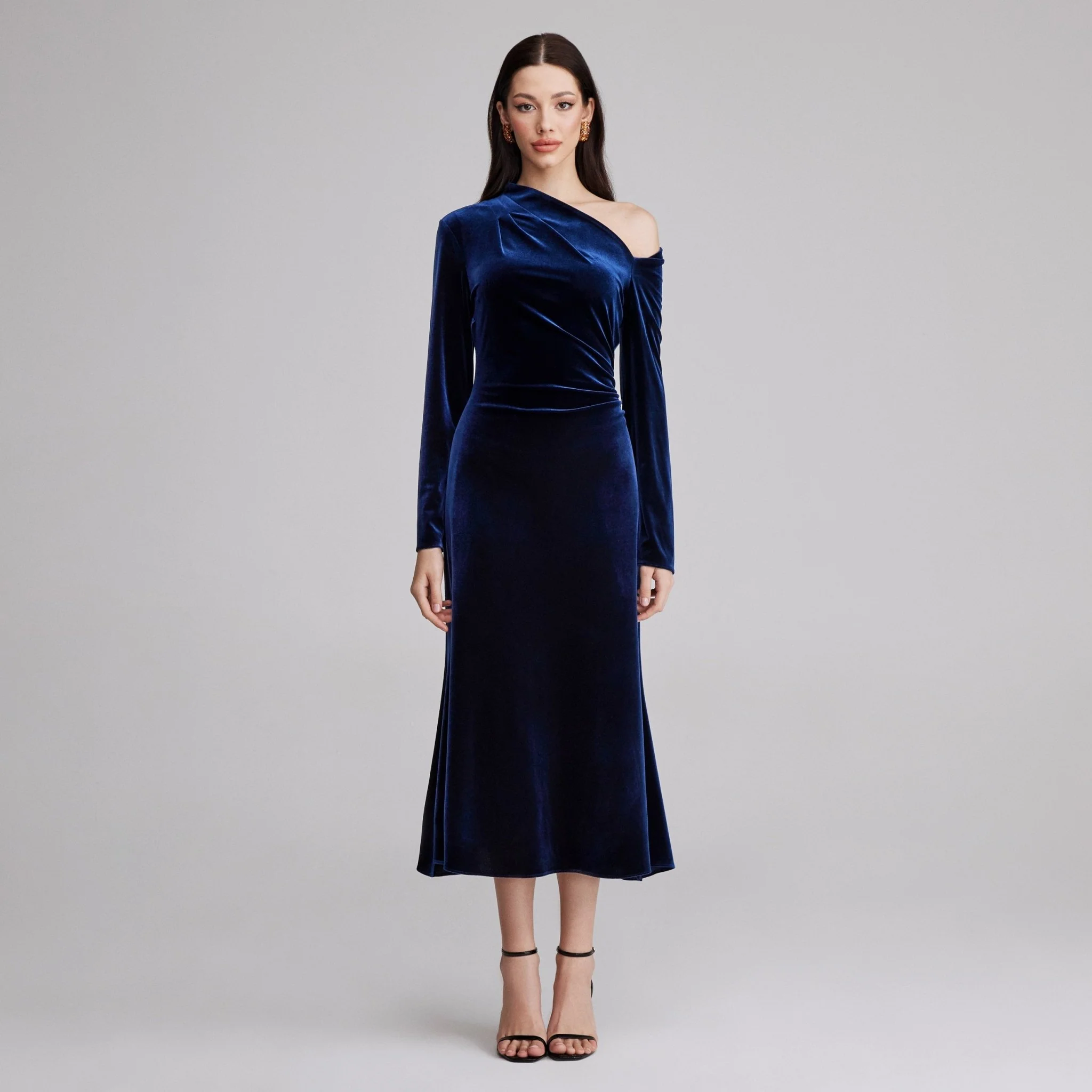 Navy Bare Shoulder Velvet Midi Dress - Image 2