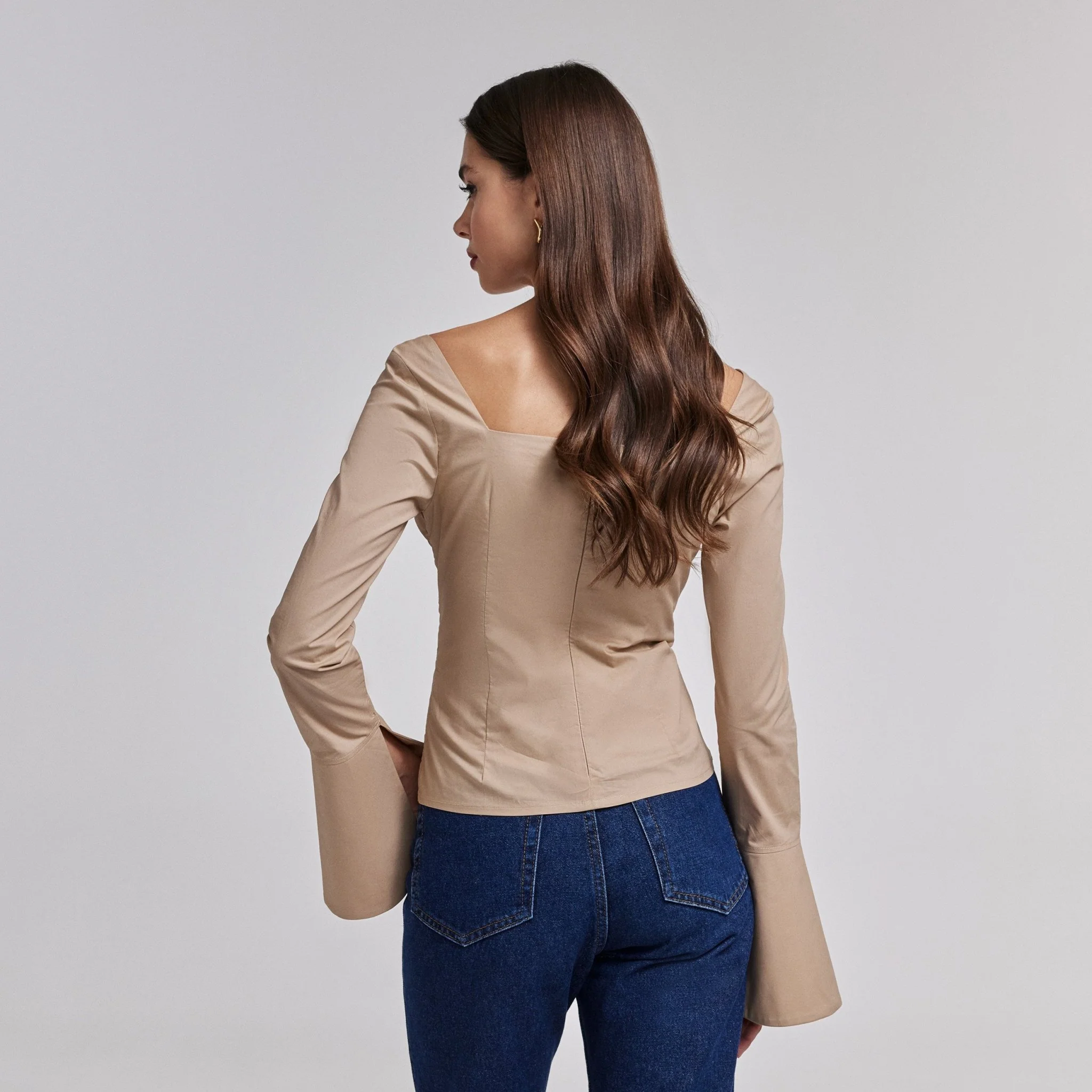 Beige Cotton Square Neck Long Sleeve Top - Image 3