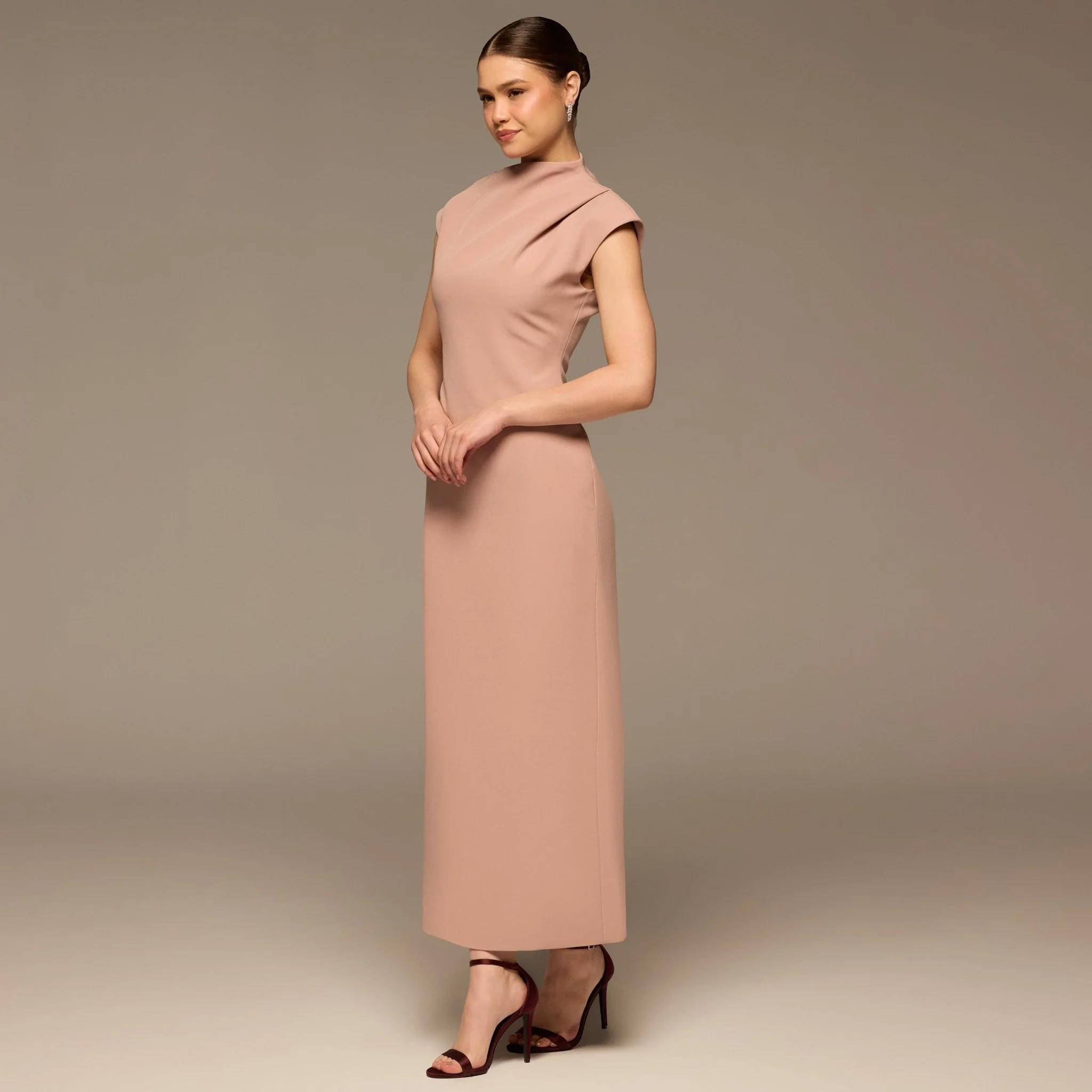 Dusty Rose Draped Shoulder Short Sleeve Midi Dress - Image 2