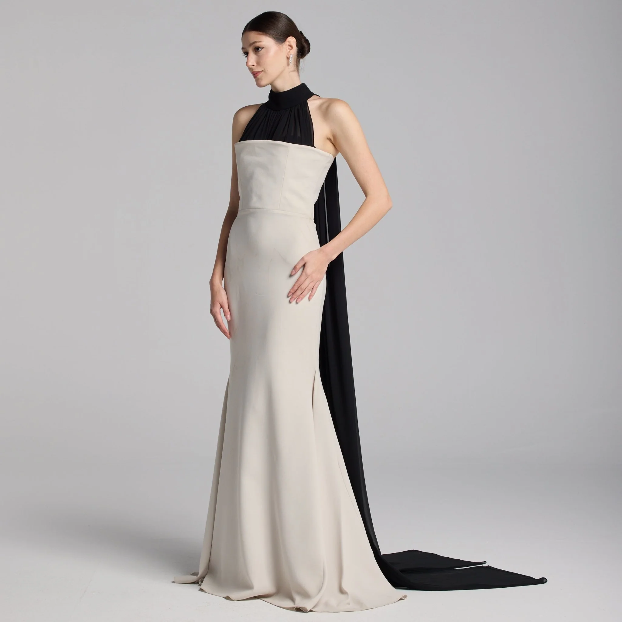 Beige Crepe Gown with Black Chiffon Scarf - Image 2
