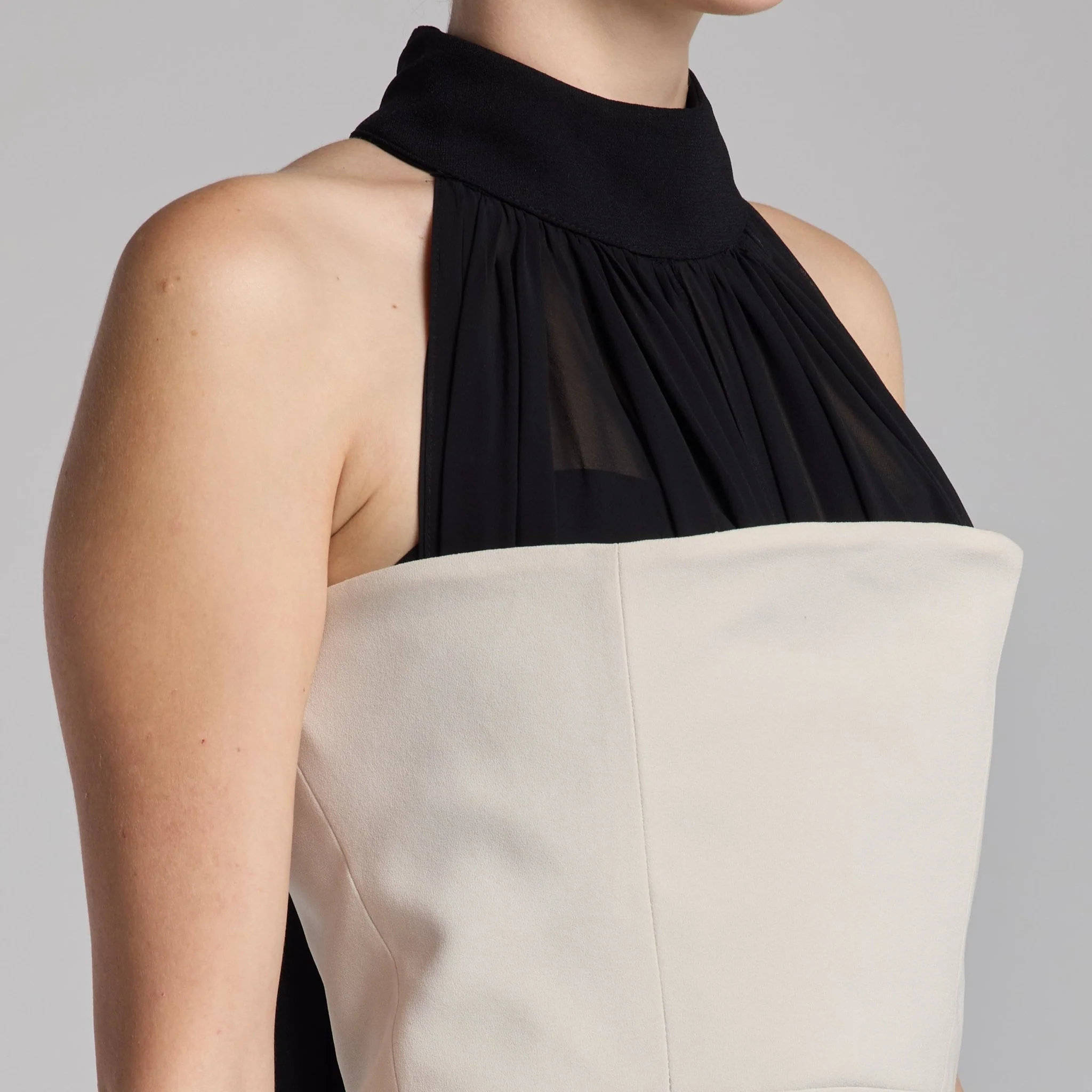 Beige Crepe Gown with Black Chiffon Scarf - Image 3