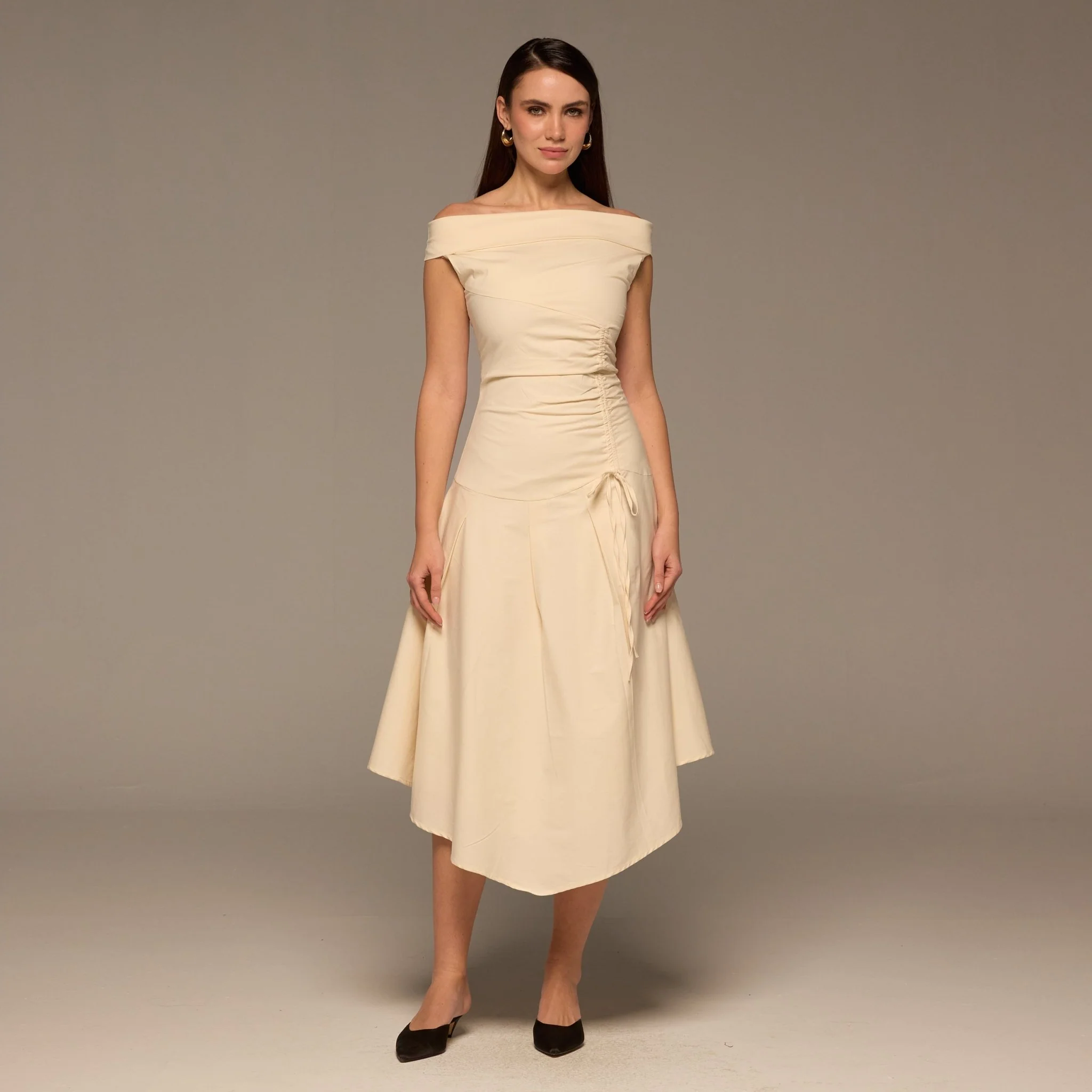 Beige Off-Shoulder Ruched Midi Dress