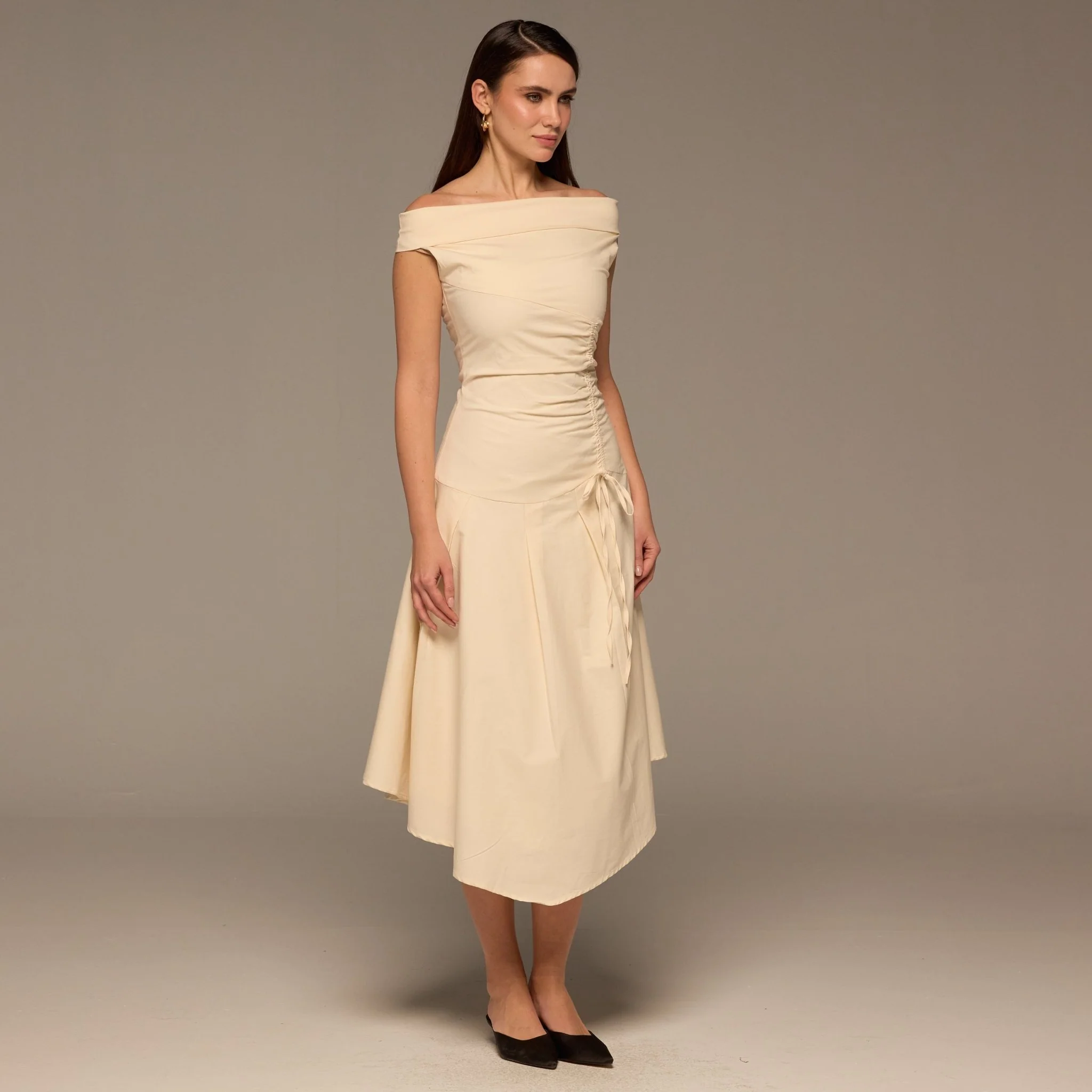 Beige Off-Shoulder Ruched Midi Dress - Image 2