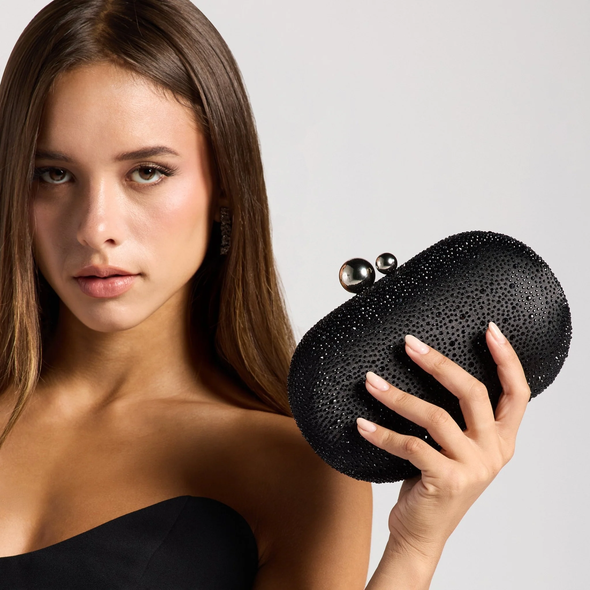Black Crystal Beaded Oval Clutch - Image 4
