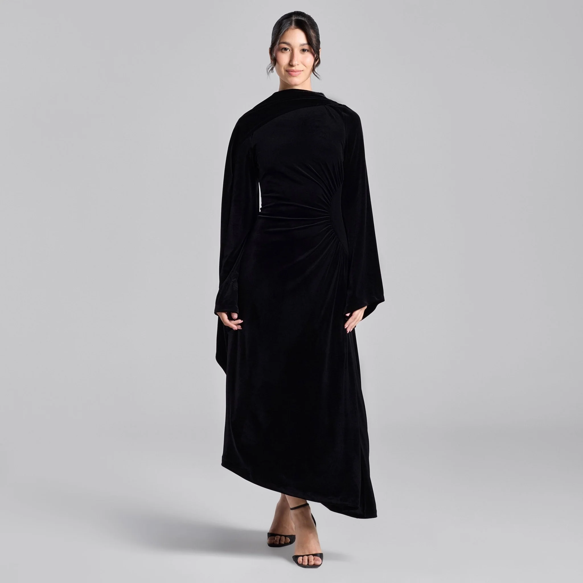 Black Cowl Neck Draped Velvet Midi Dress