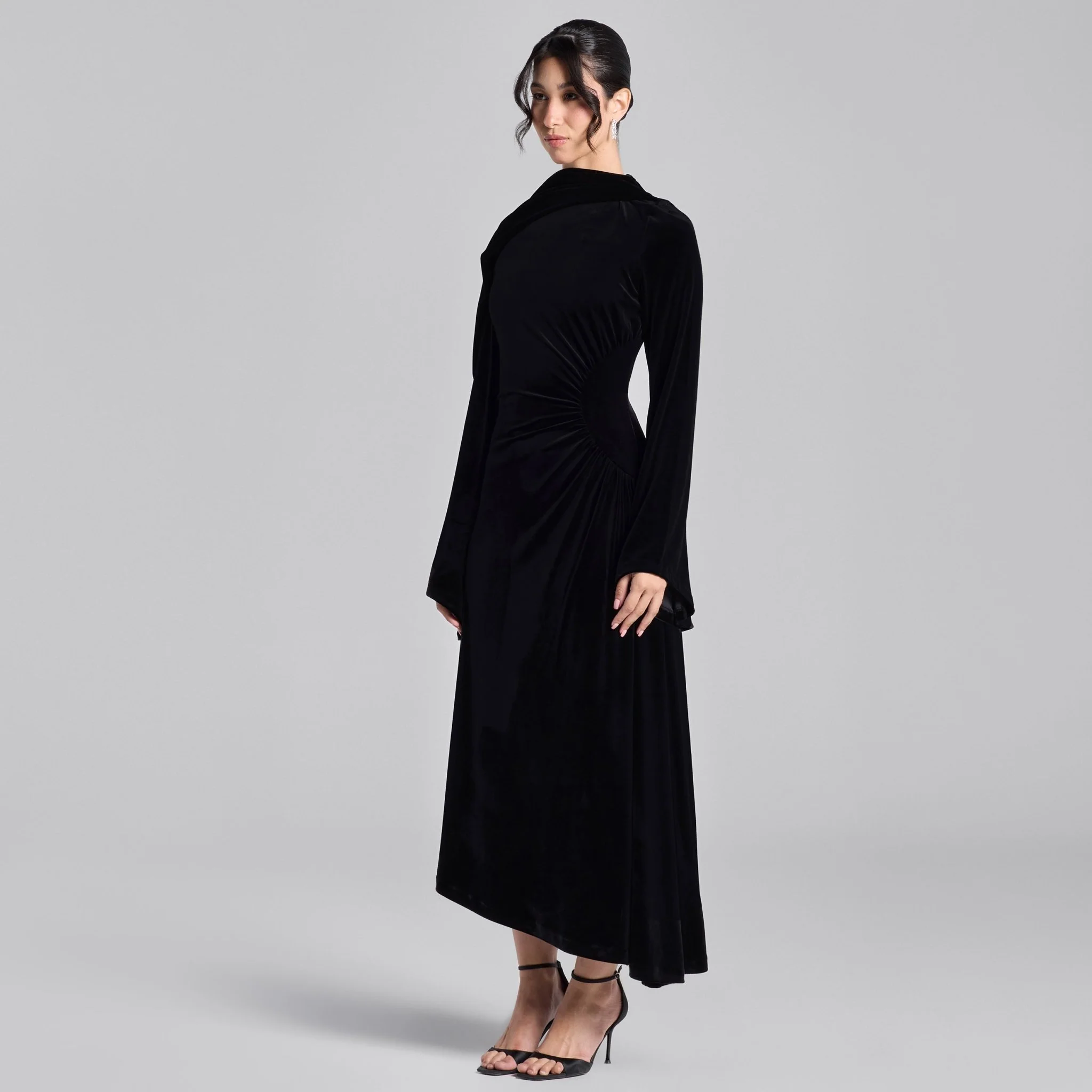 Black Cowl Neck Draped Velvet Midi Dress - Image 2