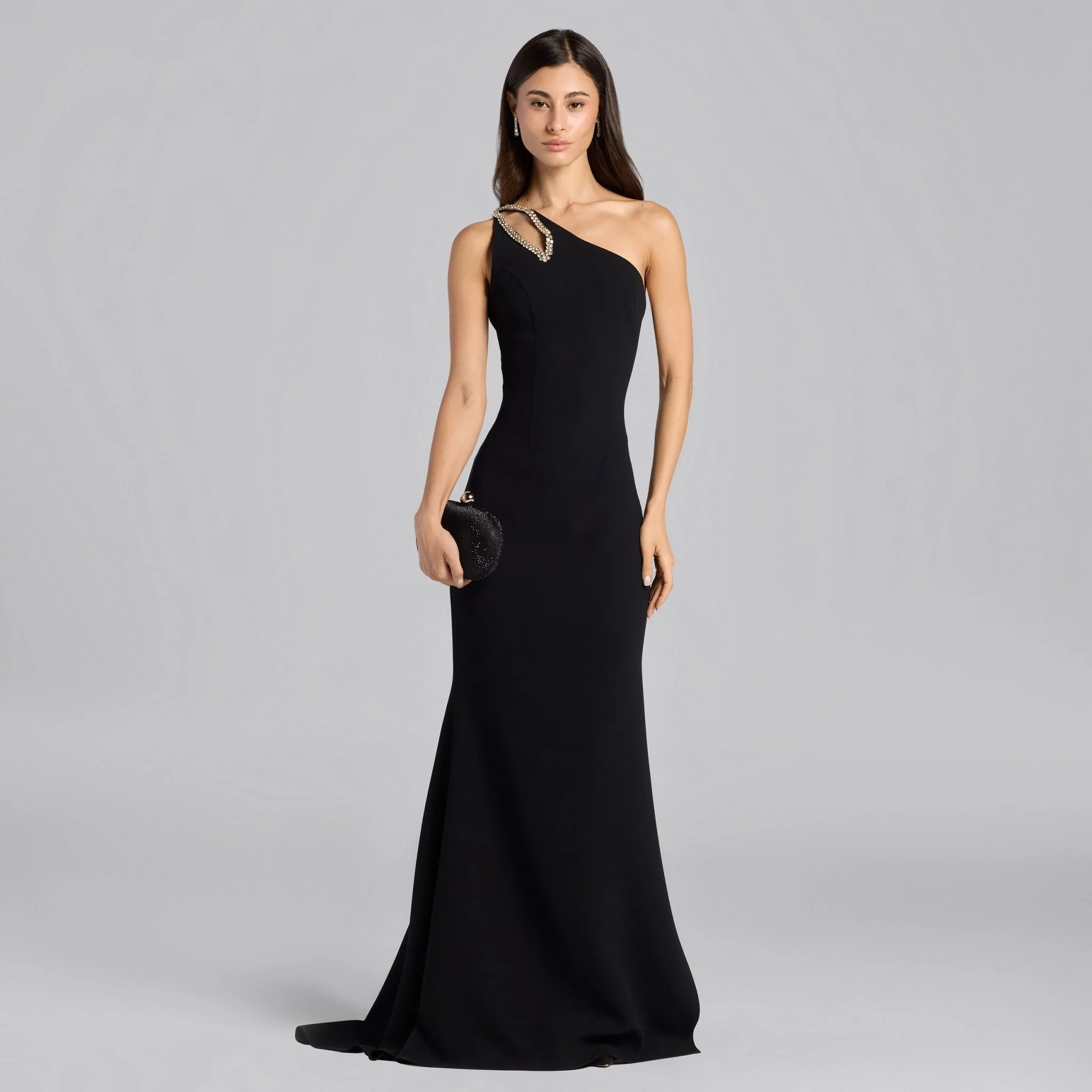 Black Crepe Crystal Trim Maxi Dress