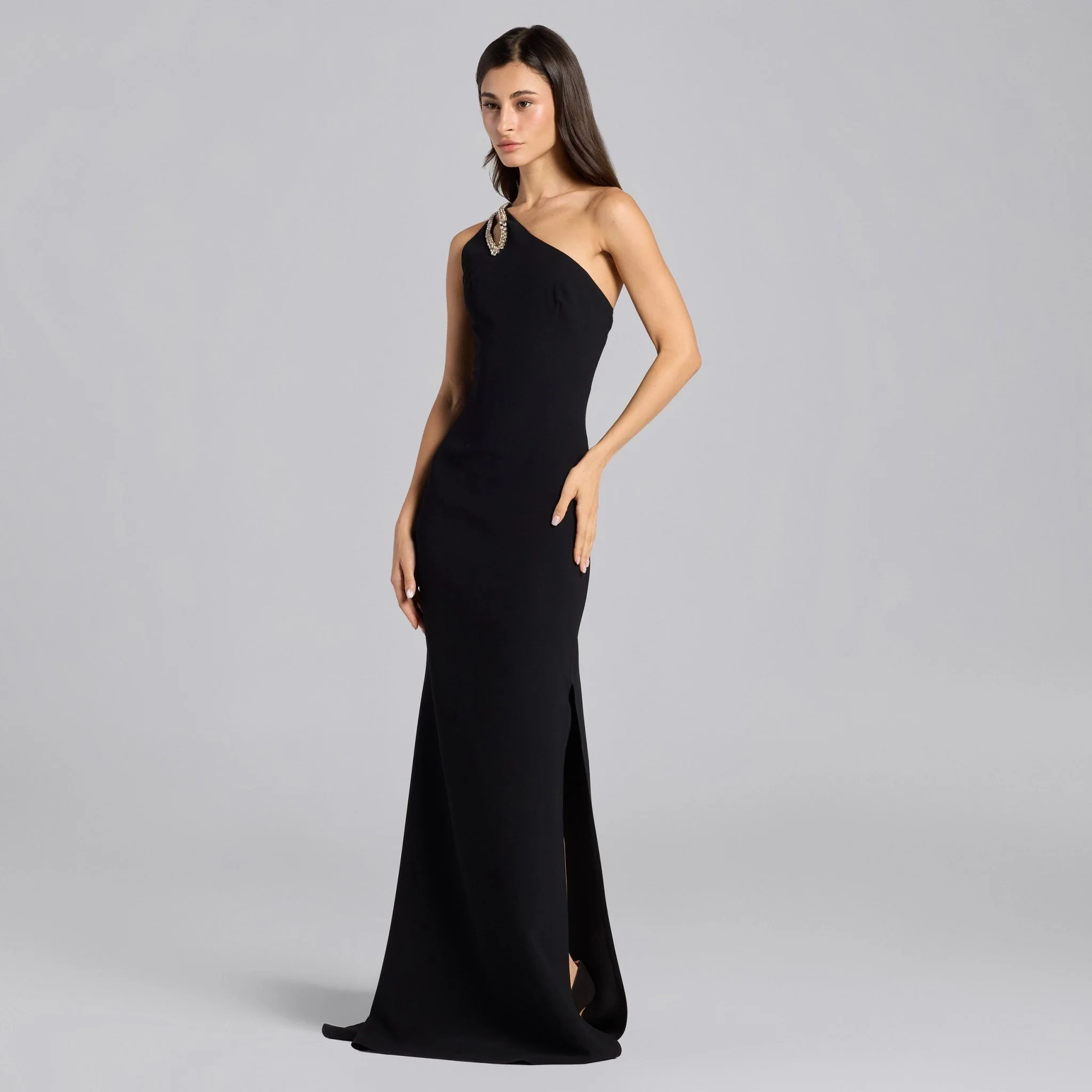 Black Crepe Crystal Trim Maxi Dress - Image 2