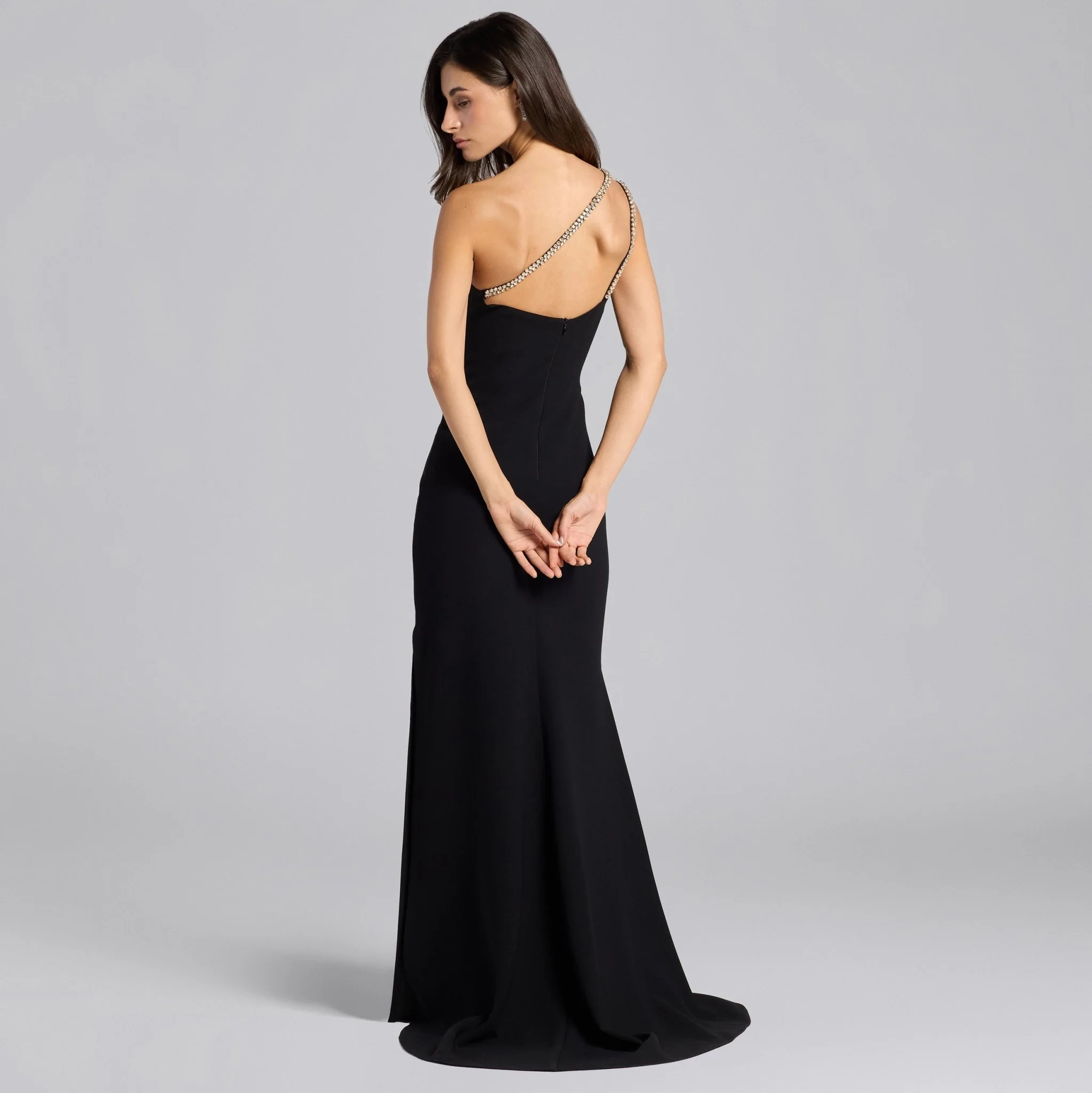 Black Crepe Crystal Trim Maxi Dress - Image 5