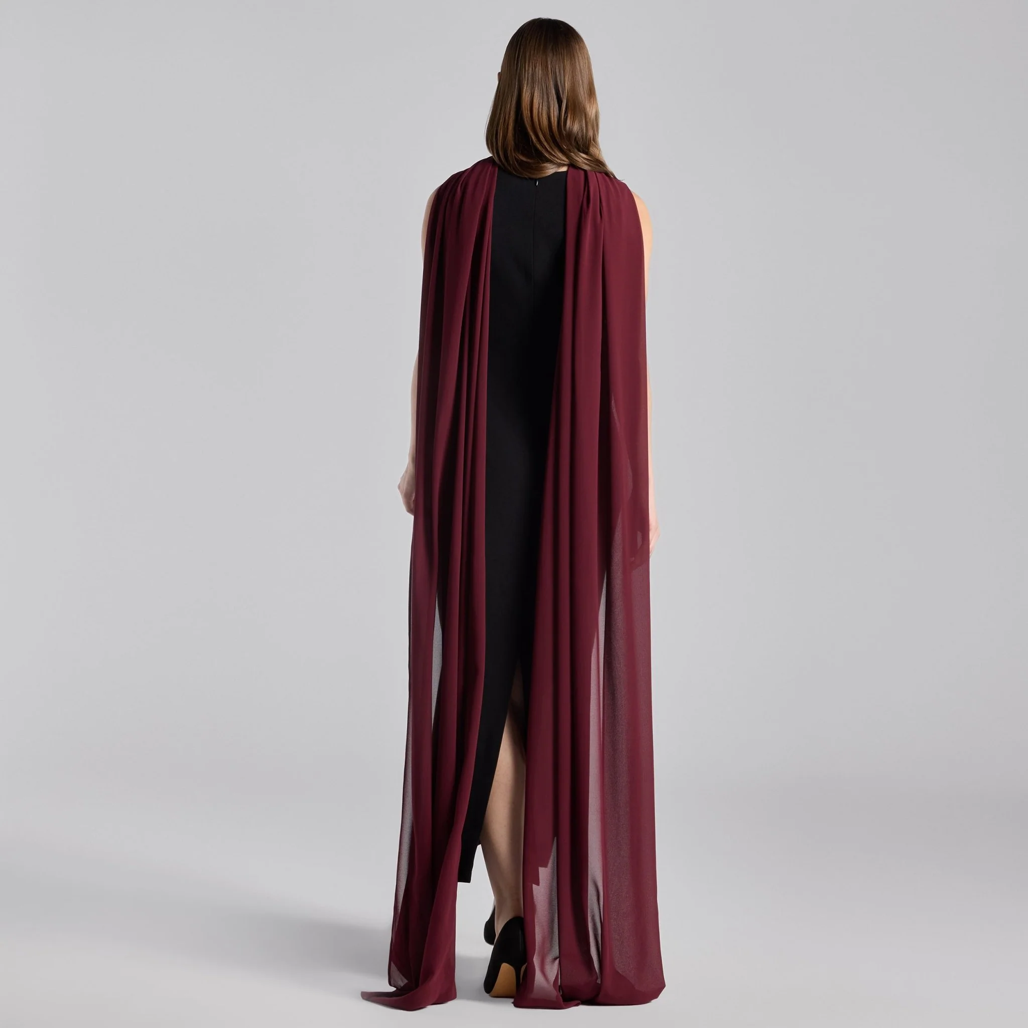 Black Crepe Dress with Draped Chiffon Scarf - Image 4