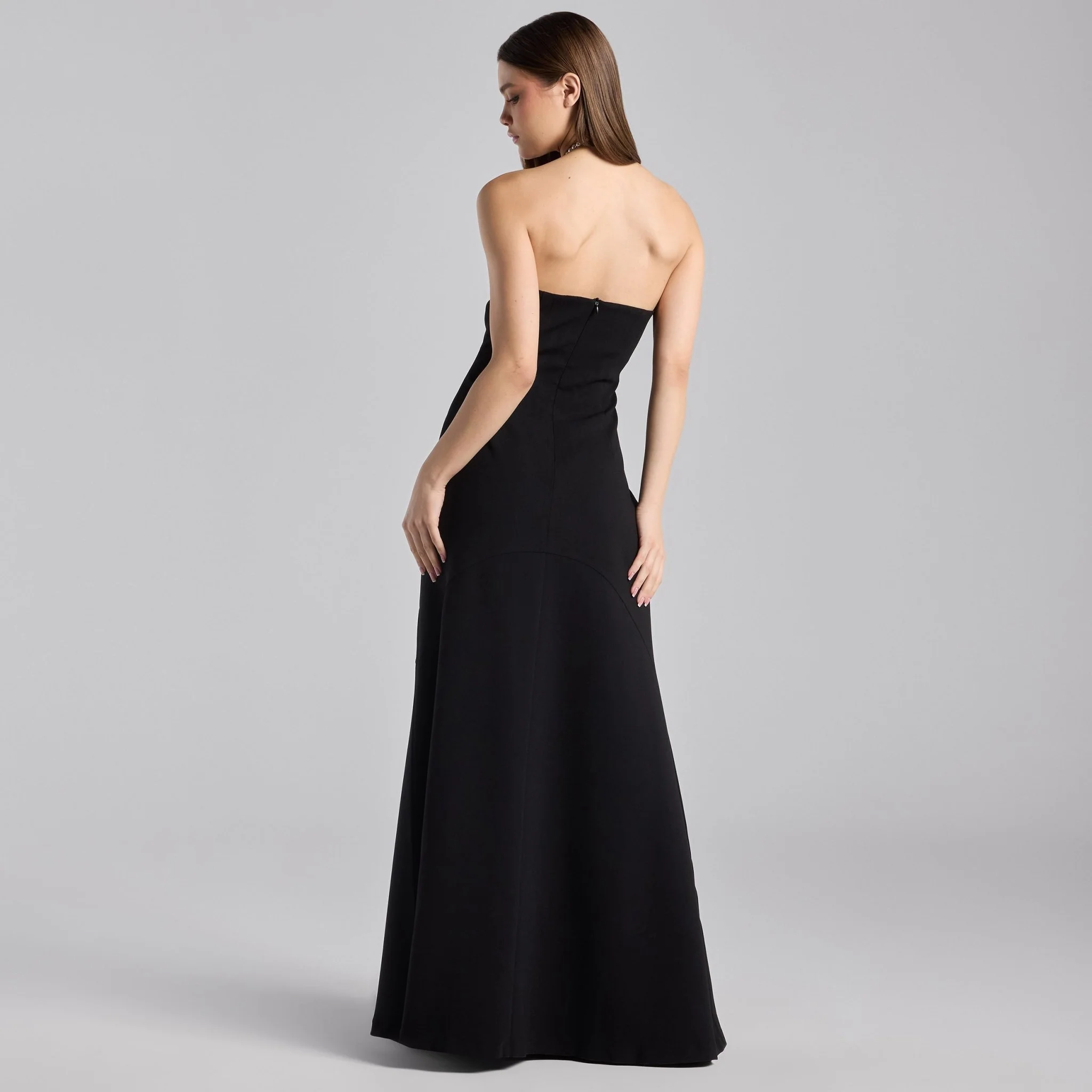 Black Crepe Pearl Halter Maxi Dress - Image 4