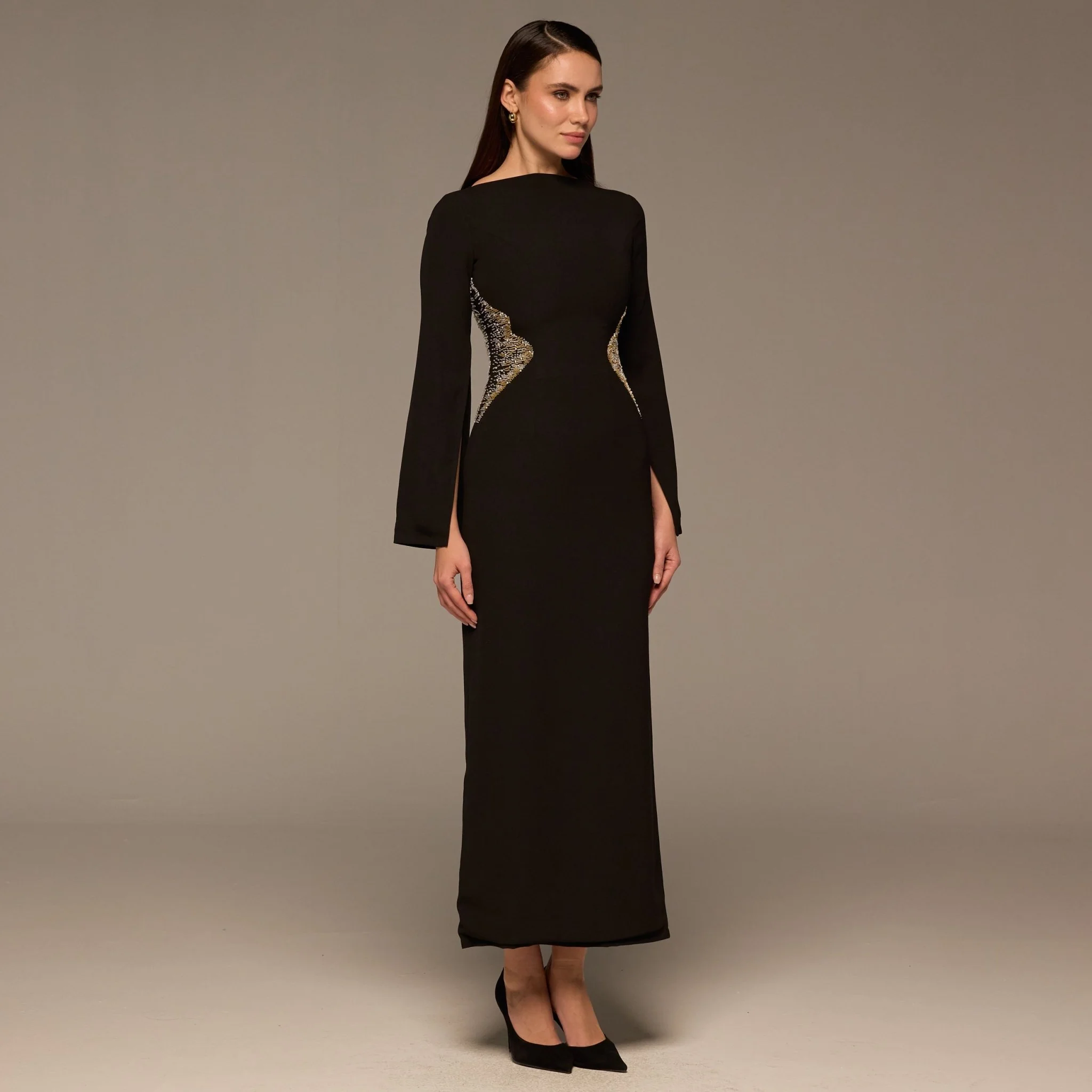 Black Crepe Maxi Dress with Gold embroidery - Image 2