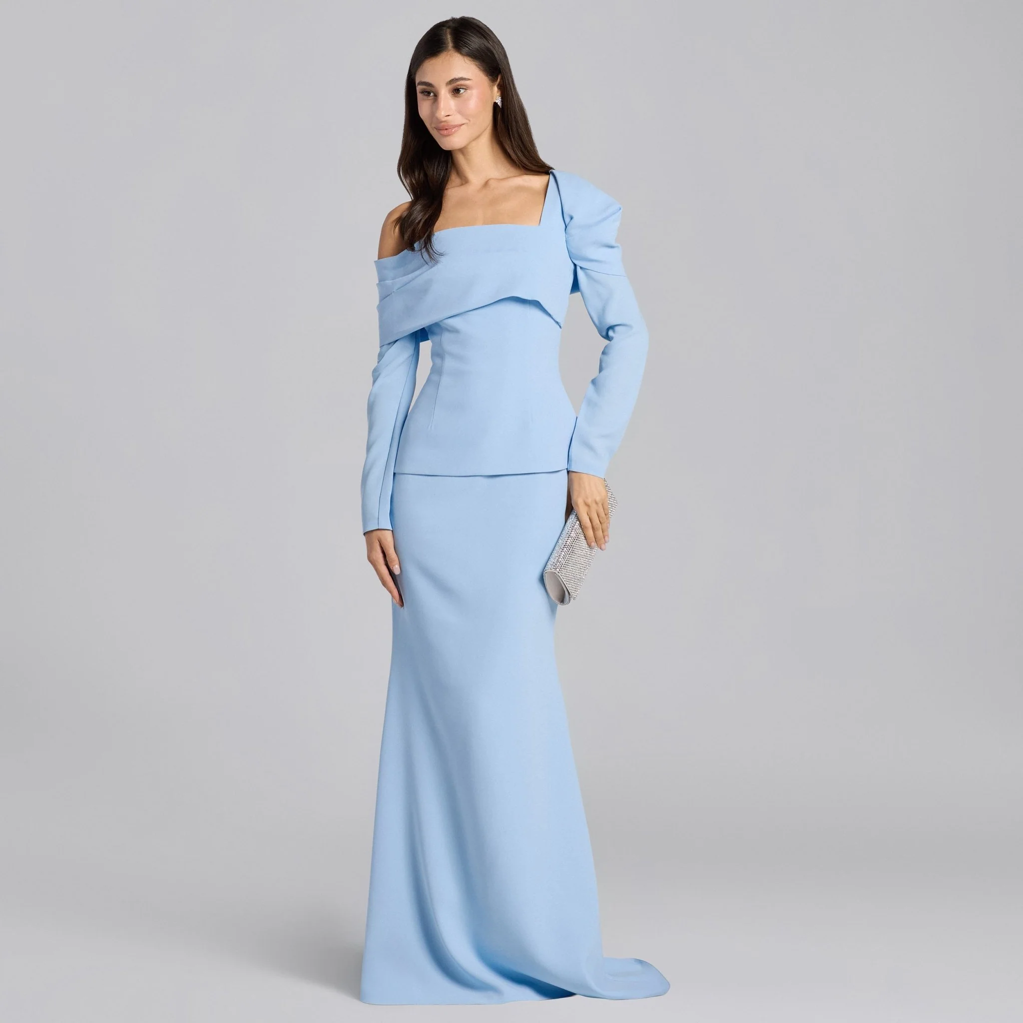 Baby Blue Crepe Off Shoulder Draped Maxi Dress