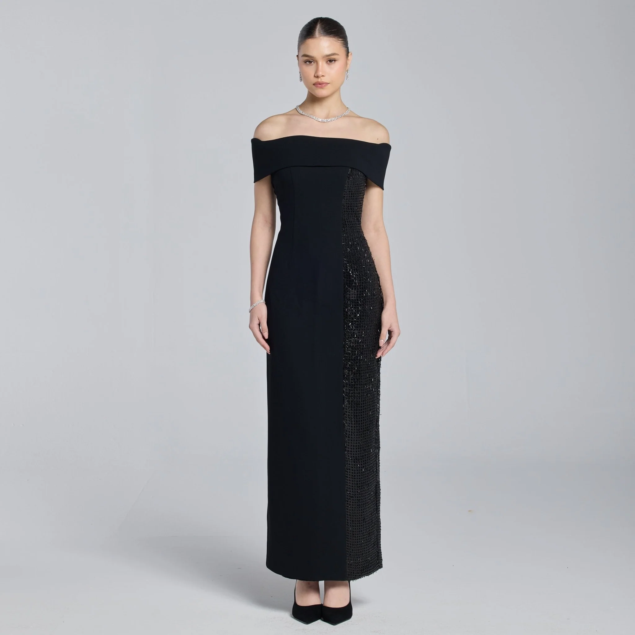 Black Crepe Off Shoulder Slit Maxi Dress