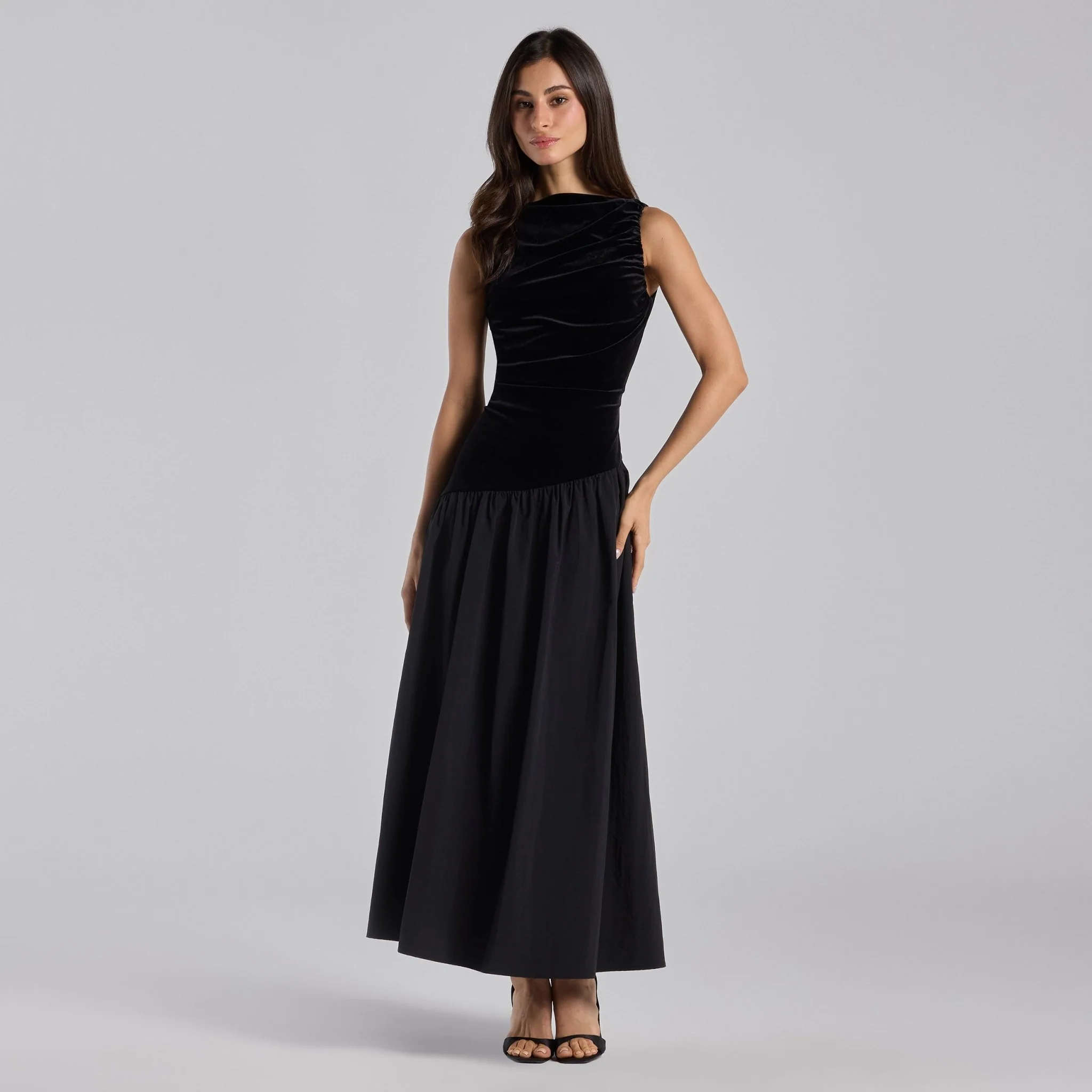 Black Draped Velvet Midi Dress