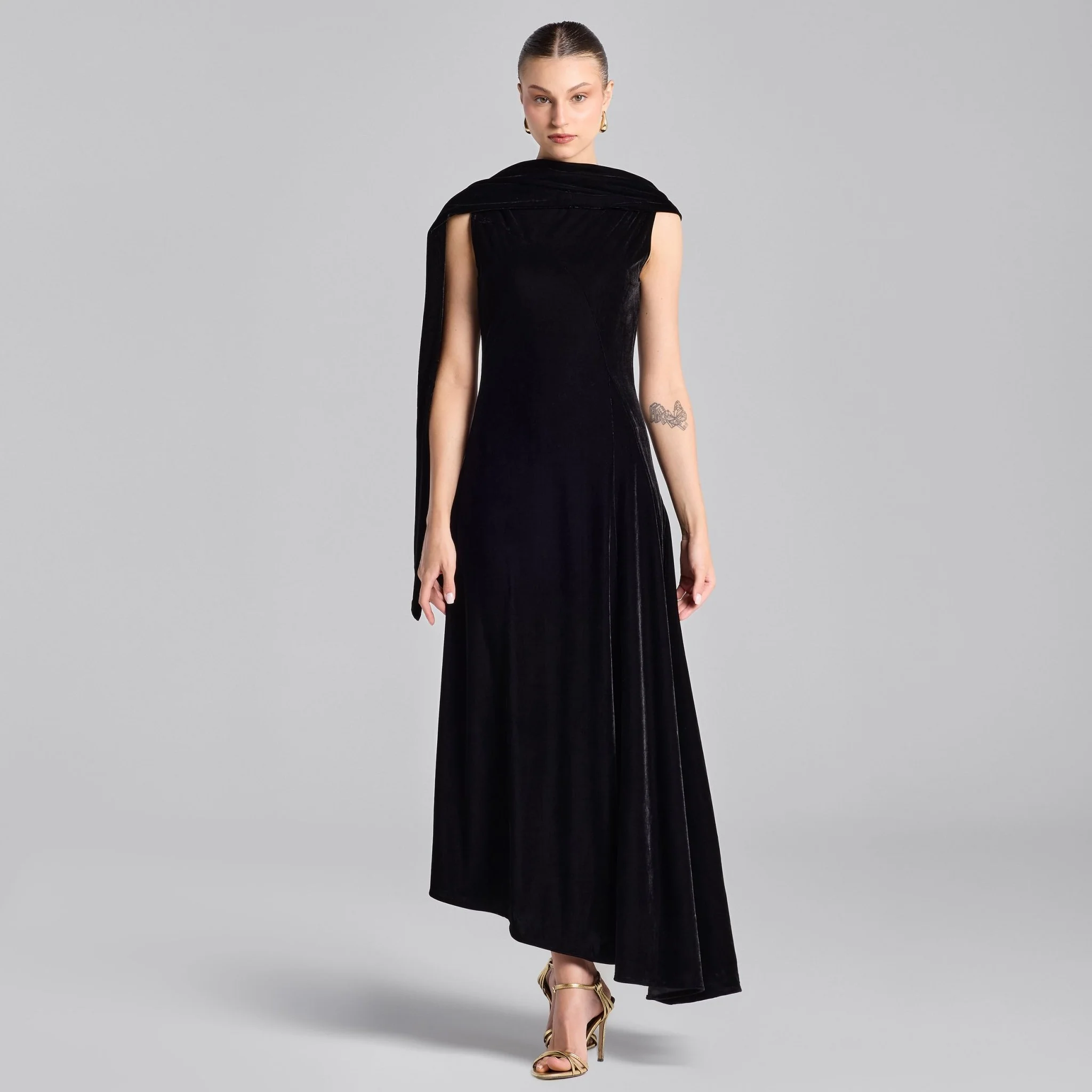 Black Draped Velvet Midi Dress with Back Scarf