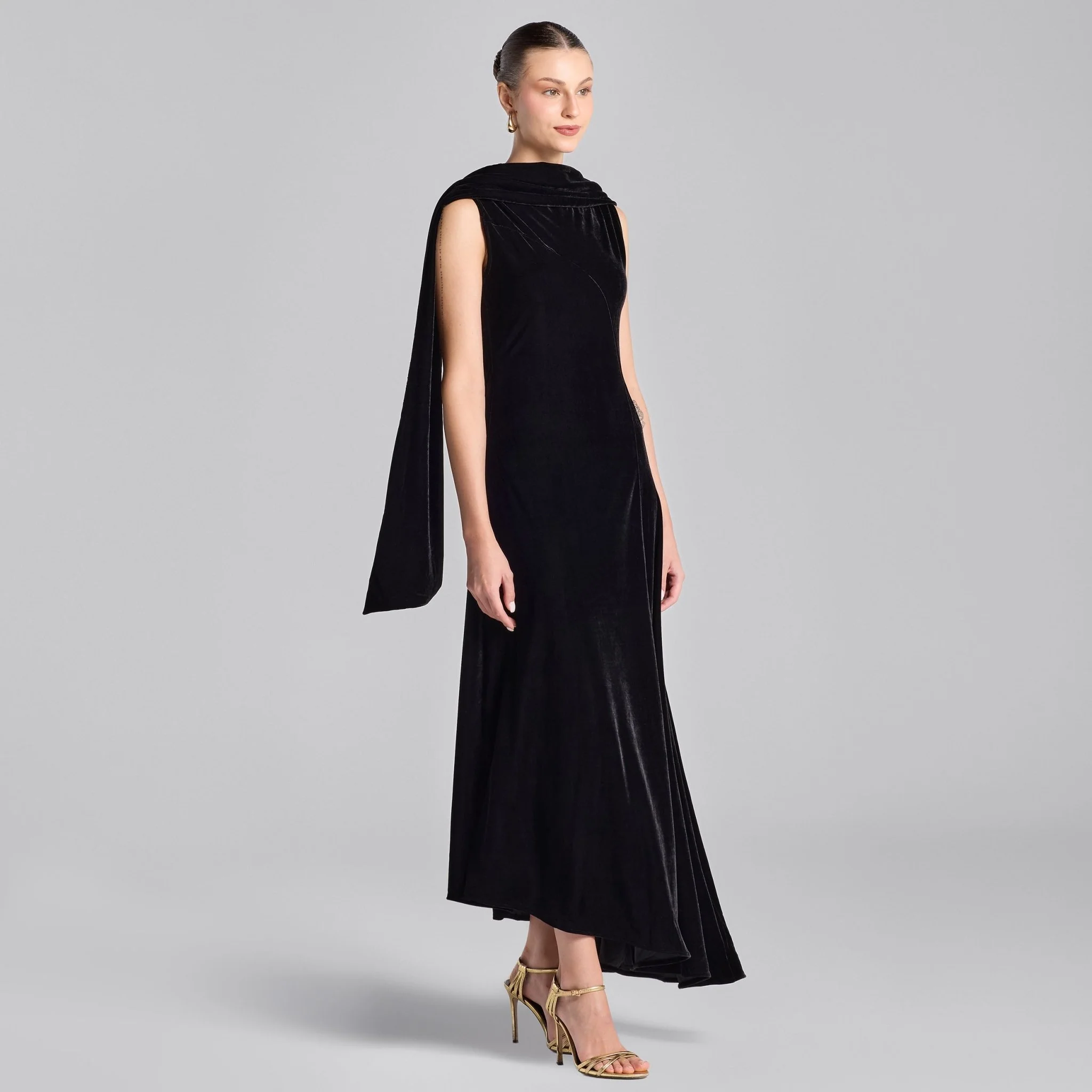 Black Draped Velvet Midi Dress with Back Scarf - Image 2