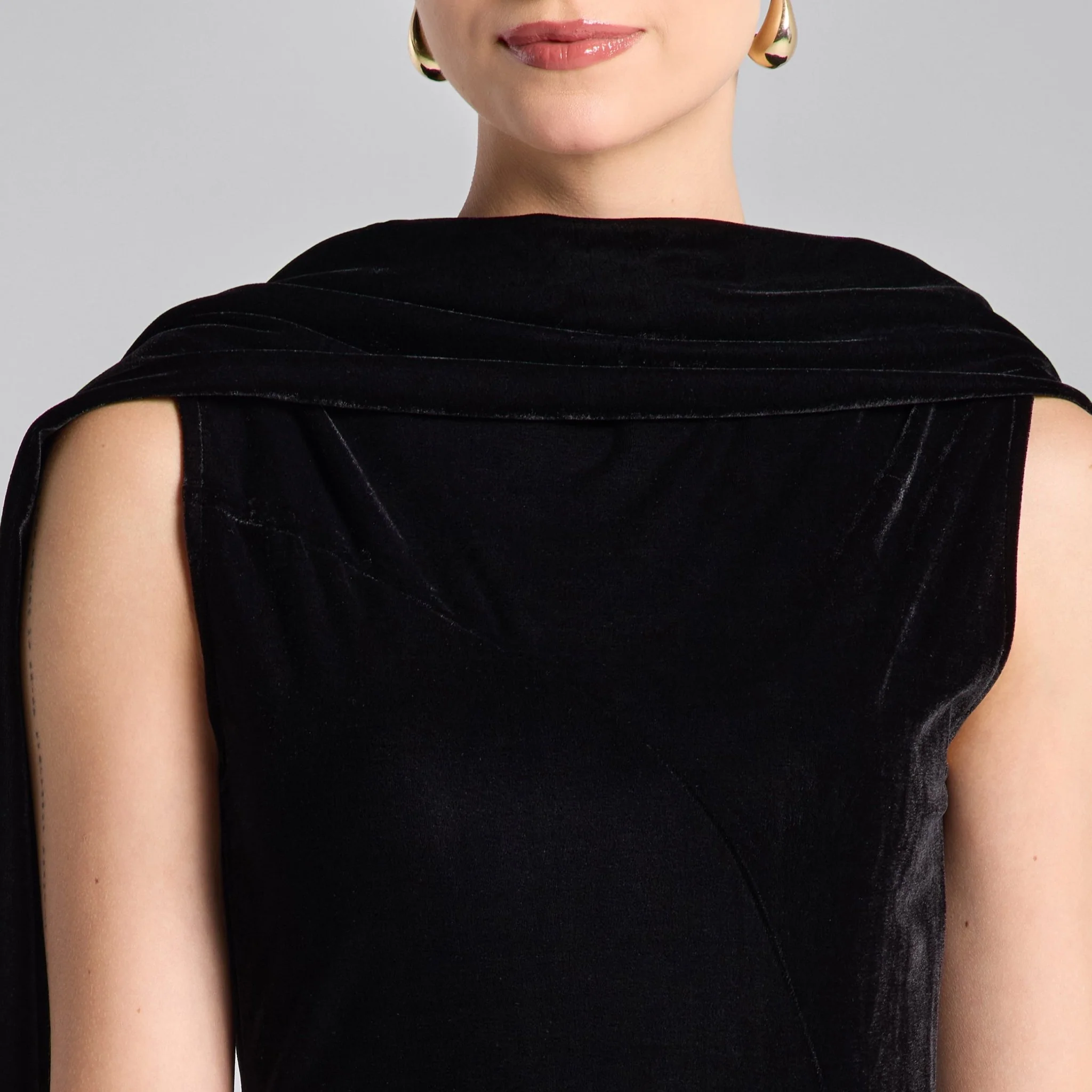 Black Draped Velvet Midi Dress with Back Scarf - Image 3