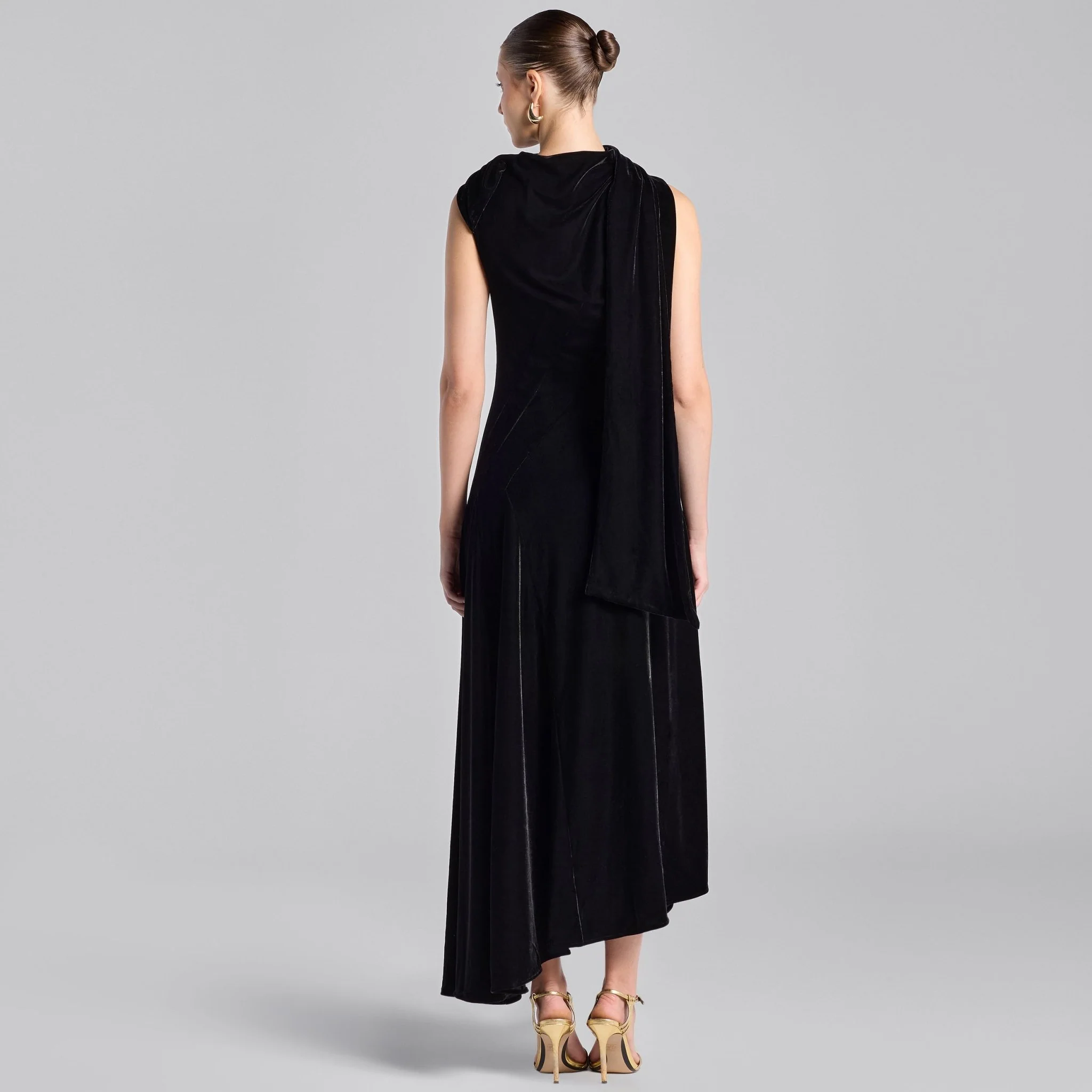 Black Draped Velvet Midi Dress with Back Scarf - Image 4